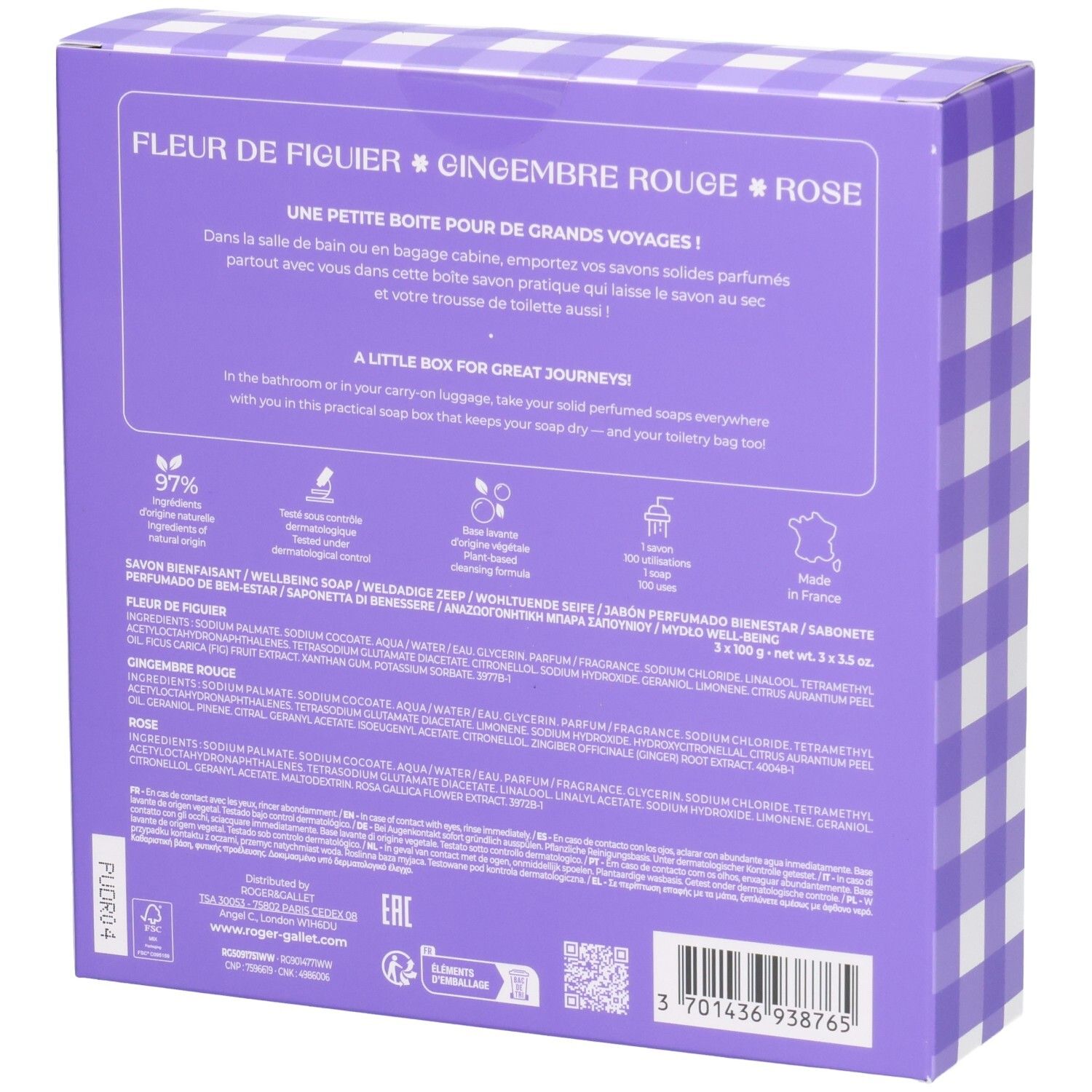 Rückseite der Geschenkbox. Lila Verpackung mit Vichy-Karo-Muster. Text mit Produktinformationen und Logos.