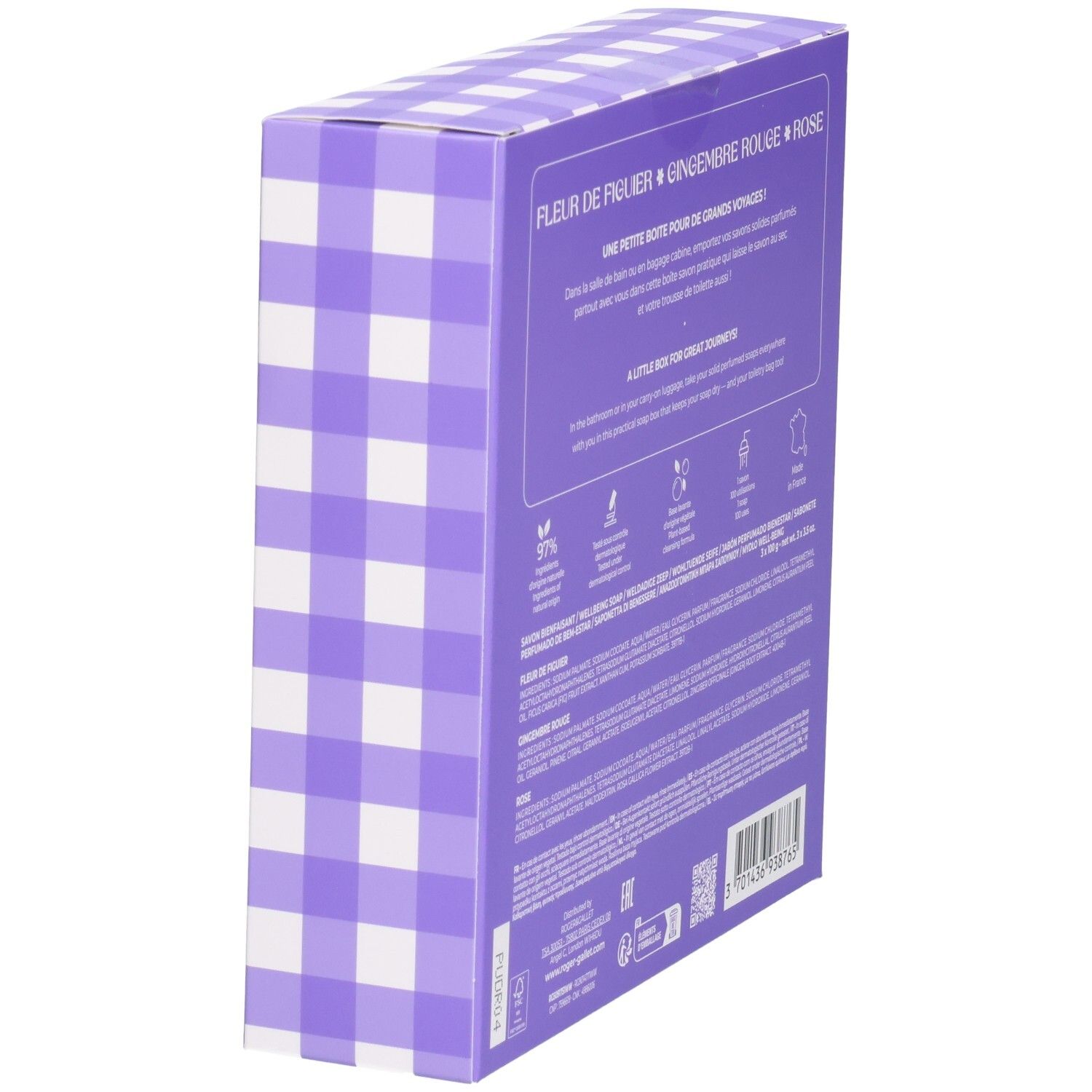 Seitenansicht der Geschenkbox. Lila Verpackung mit Vichy-Karo-Muster. Text und Logos.
