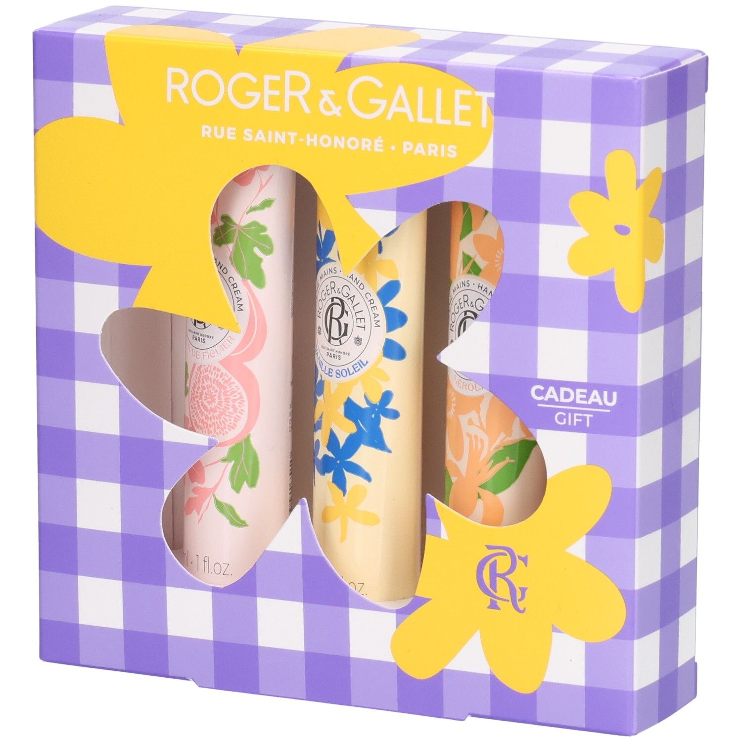 Geschenkbox mit drei Handcremes. Sichtbar: Roger&Gallet Logo, floral bedruckte Tuben, Geschenk-Schriftzug.