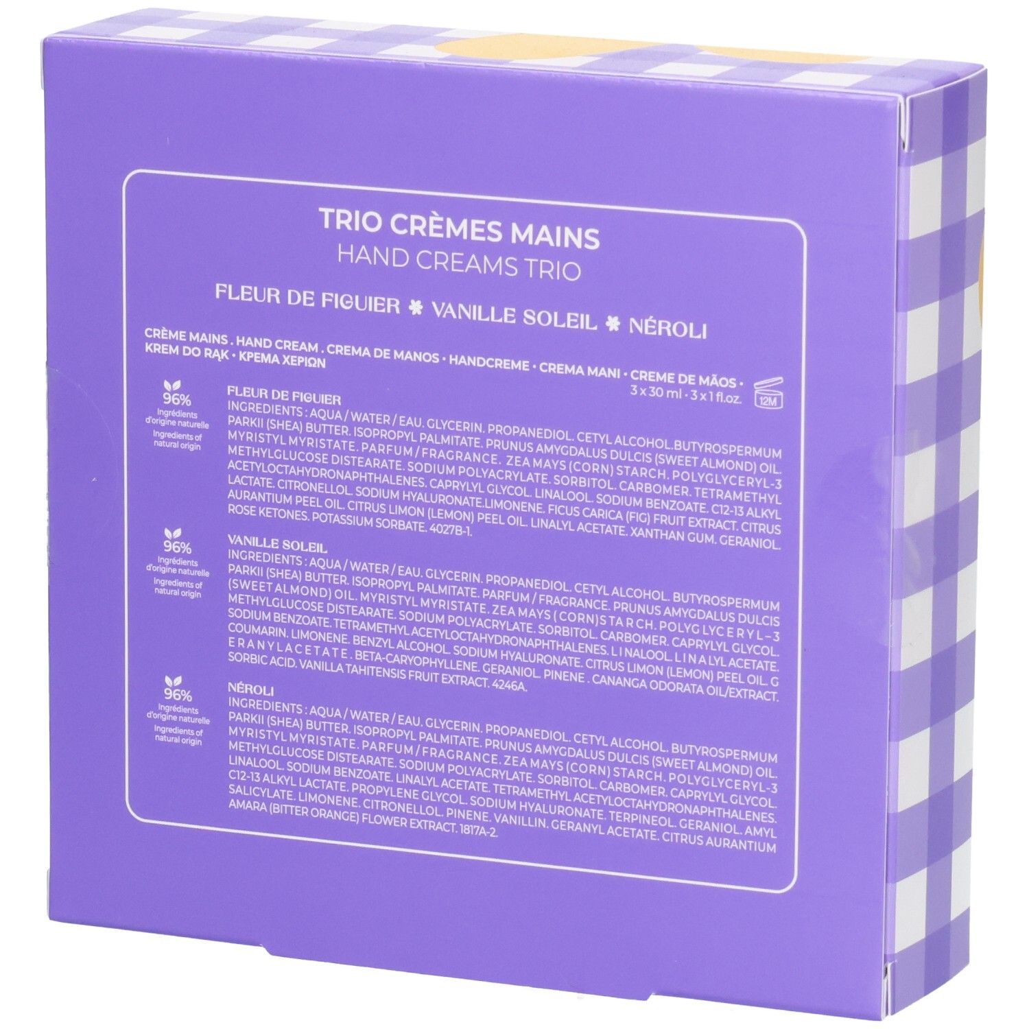 Rückseite der Geschenkbox. Text: Trio Crèmes Mains, Inhaltsstoffe, Roger&Gallet. Lila kariertes Muster.