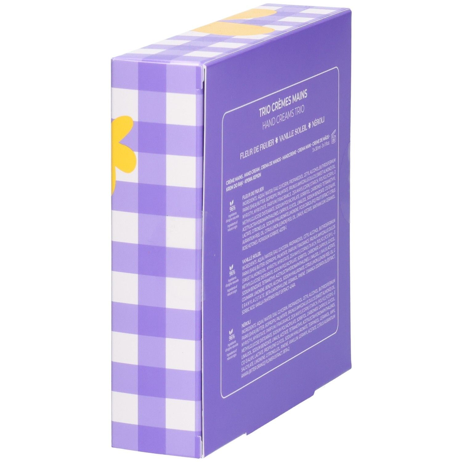 Geschenkbox-Seite. Text: Trio Crèmes Mains, Inhaltsstoffe. Lila kariertes Muster, gelbe Blütenform.