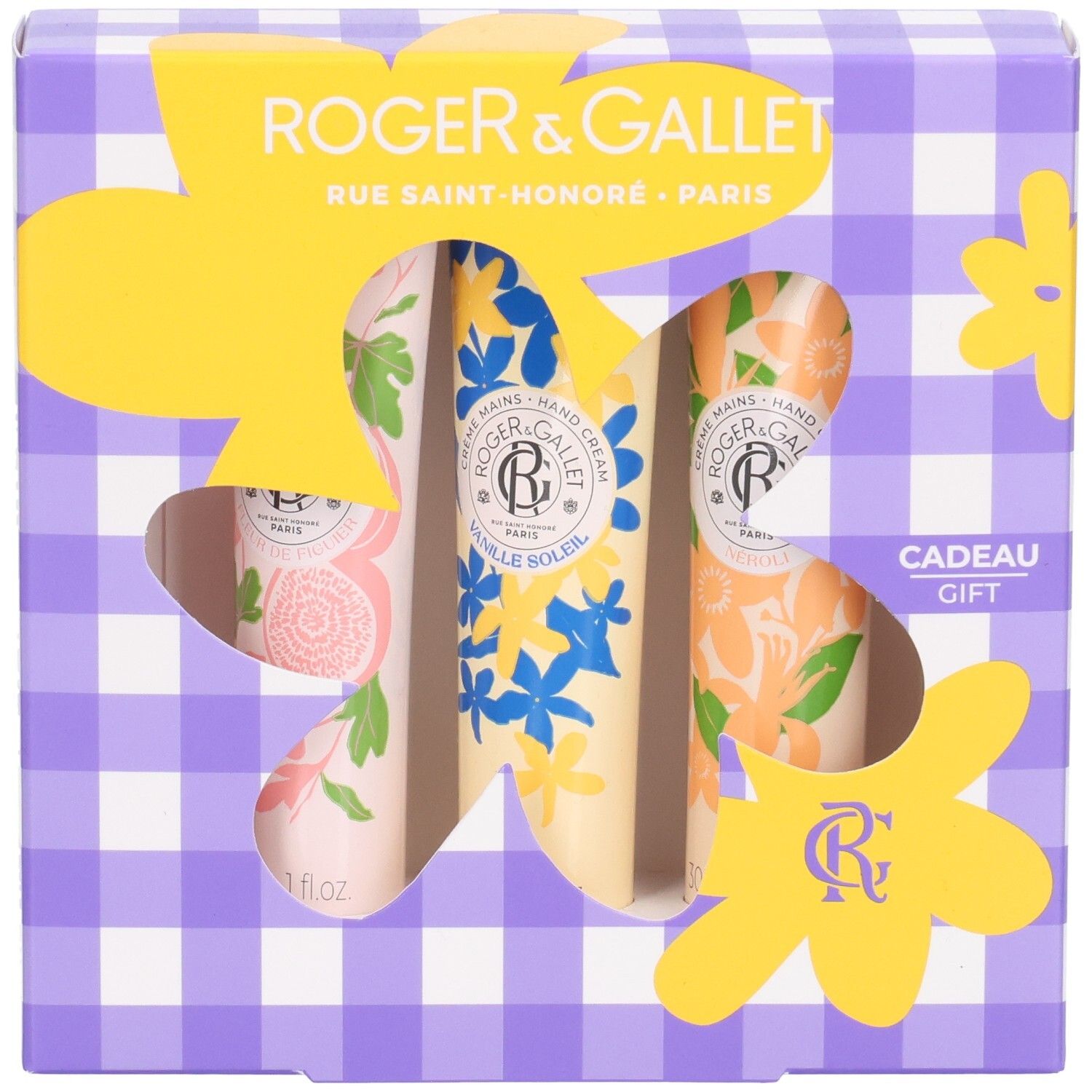 Geschenkbox mit drei Handcremes. Roger&Gallet Logo, floral bedruckte Tuben, Geschenk-Schriftzug.