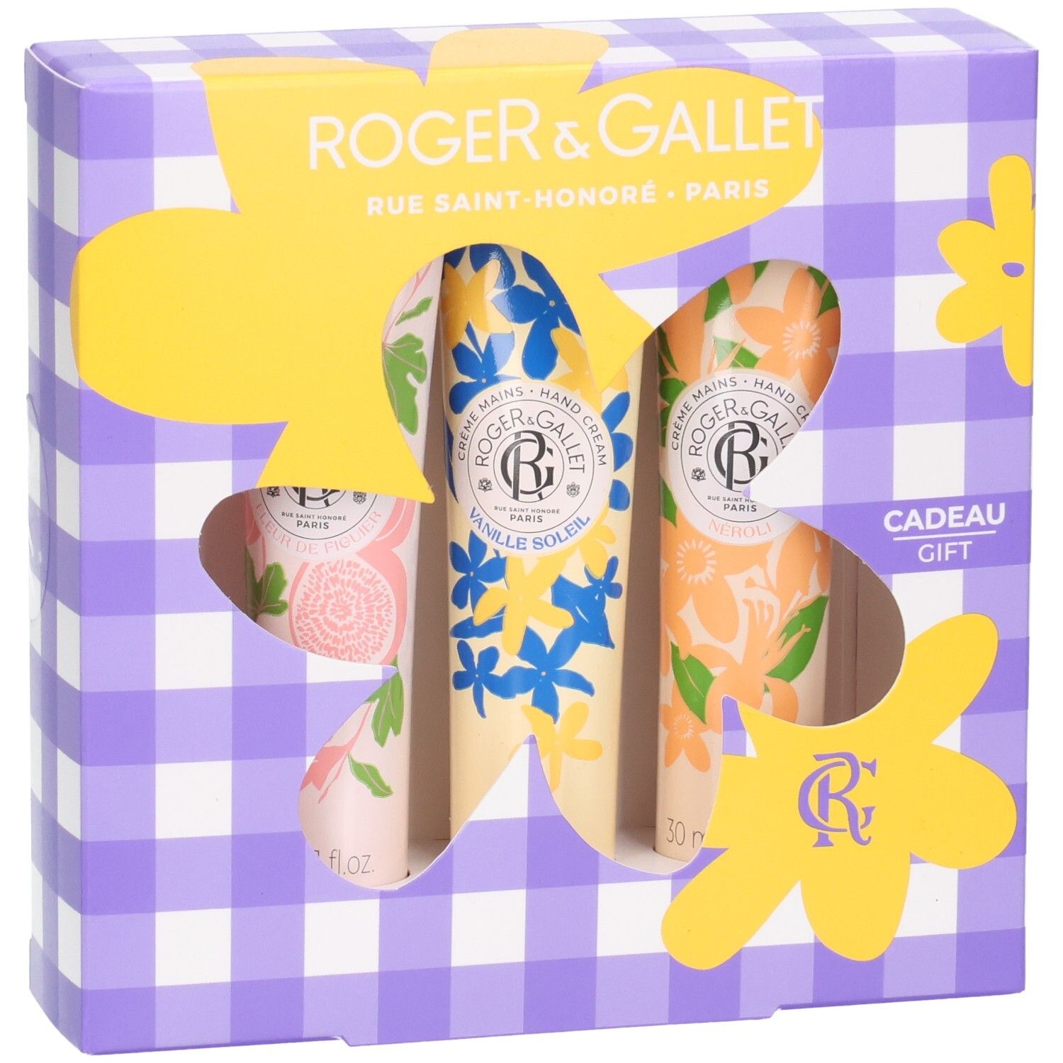 Geschenkbox mit drei Handcremes. Roger&Gallet Logo, floral bedruckte Tuben, Geschenk-Schriftzug.