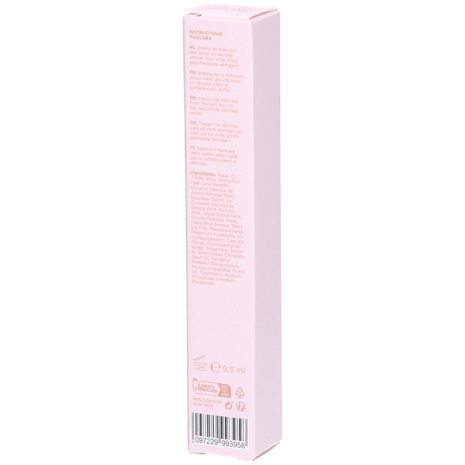 Rosa Verpackung mit Text und Inhaltsstoffen. Aufschrift: Instructions, Vegan, 9.5ml.