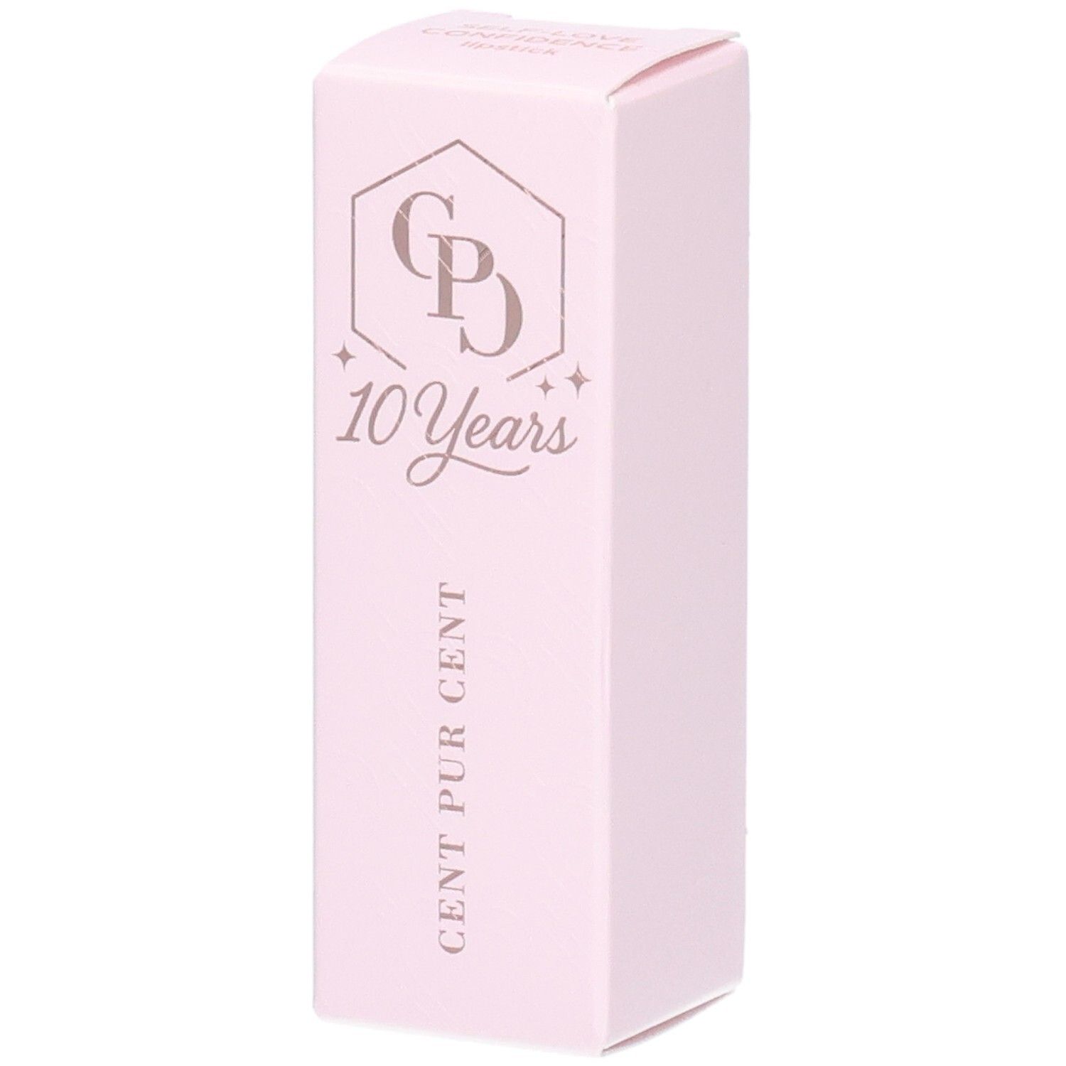 Rosa Verpackung. Logo mit "CP", "10 Years" und "CENT PUR CENT".