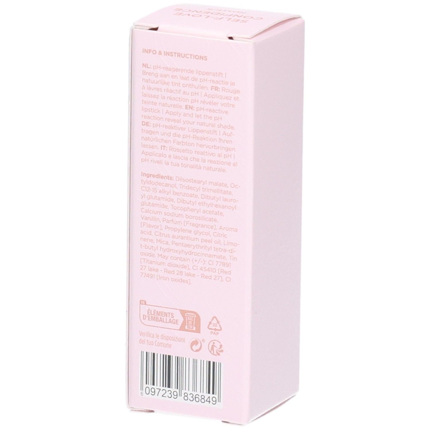 Rosa Verpackung. Text: "INFO & INSTRUCTIONS", Inhaltsstoffe, Barcode.