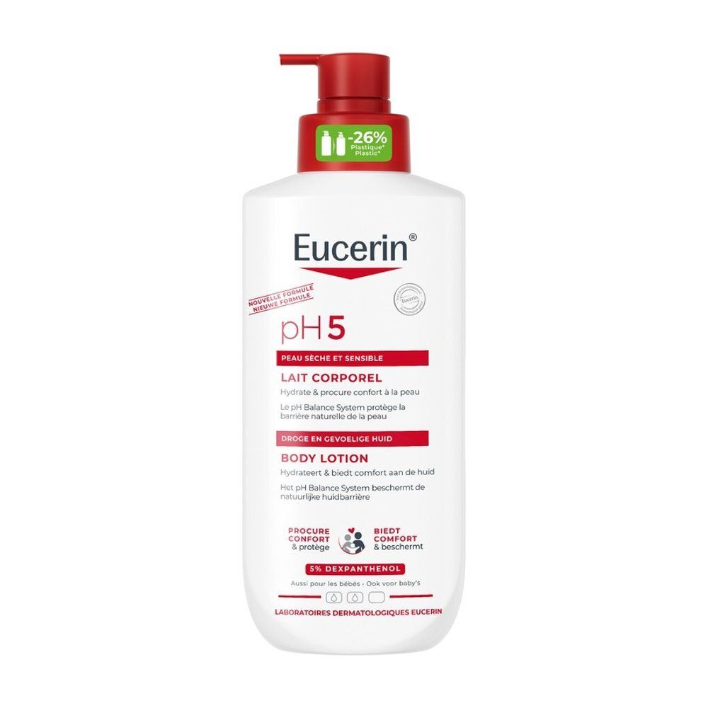 Eucerin pH5 Body Lotion in weißer Flasche mit rotem Spender.
