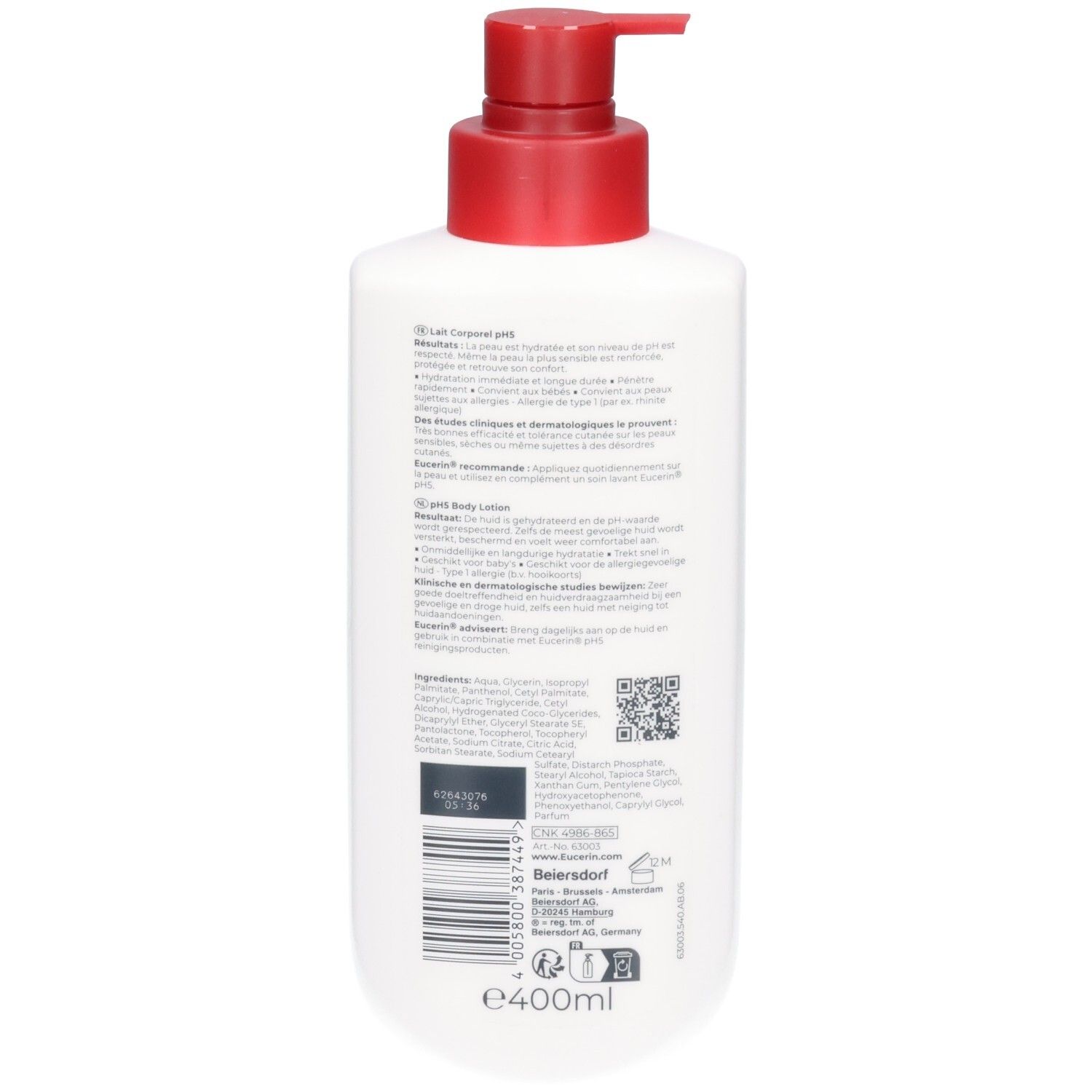 Rückseite der Eucerin pH5 Body Lotion Flasche mit Produktinformationen und Barcode.