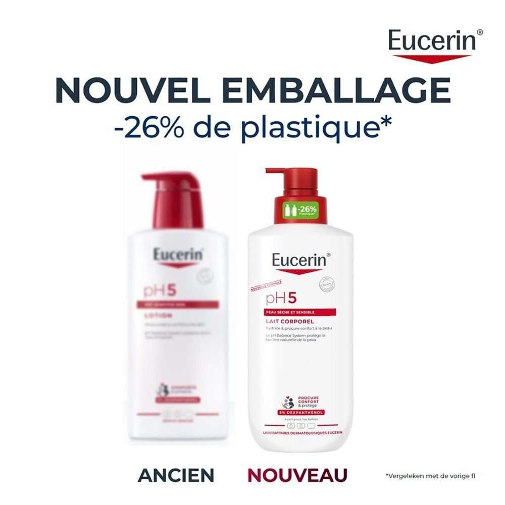 Zwei Eucerin pH5 Körperlotion-Flaschen, alt und neu, mit Hinweis auf weniger Plastik.
