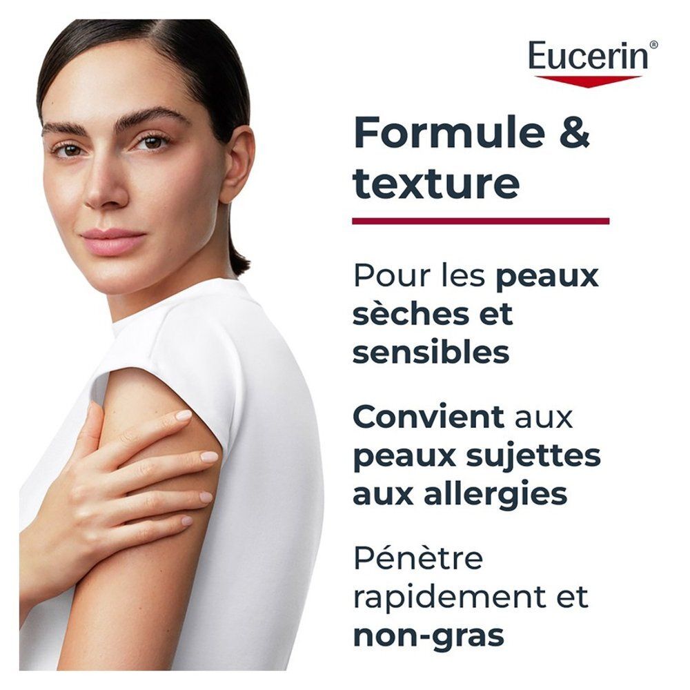 Eucerin: Frau mit glatter Haut, Formel & Textur für trockene, sensible Haut.