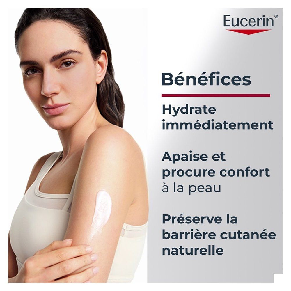 Eucerin: Frau mit eingecremter Armpartie, Vorteile: Feuchtigkeit, Komfort.