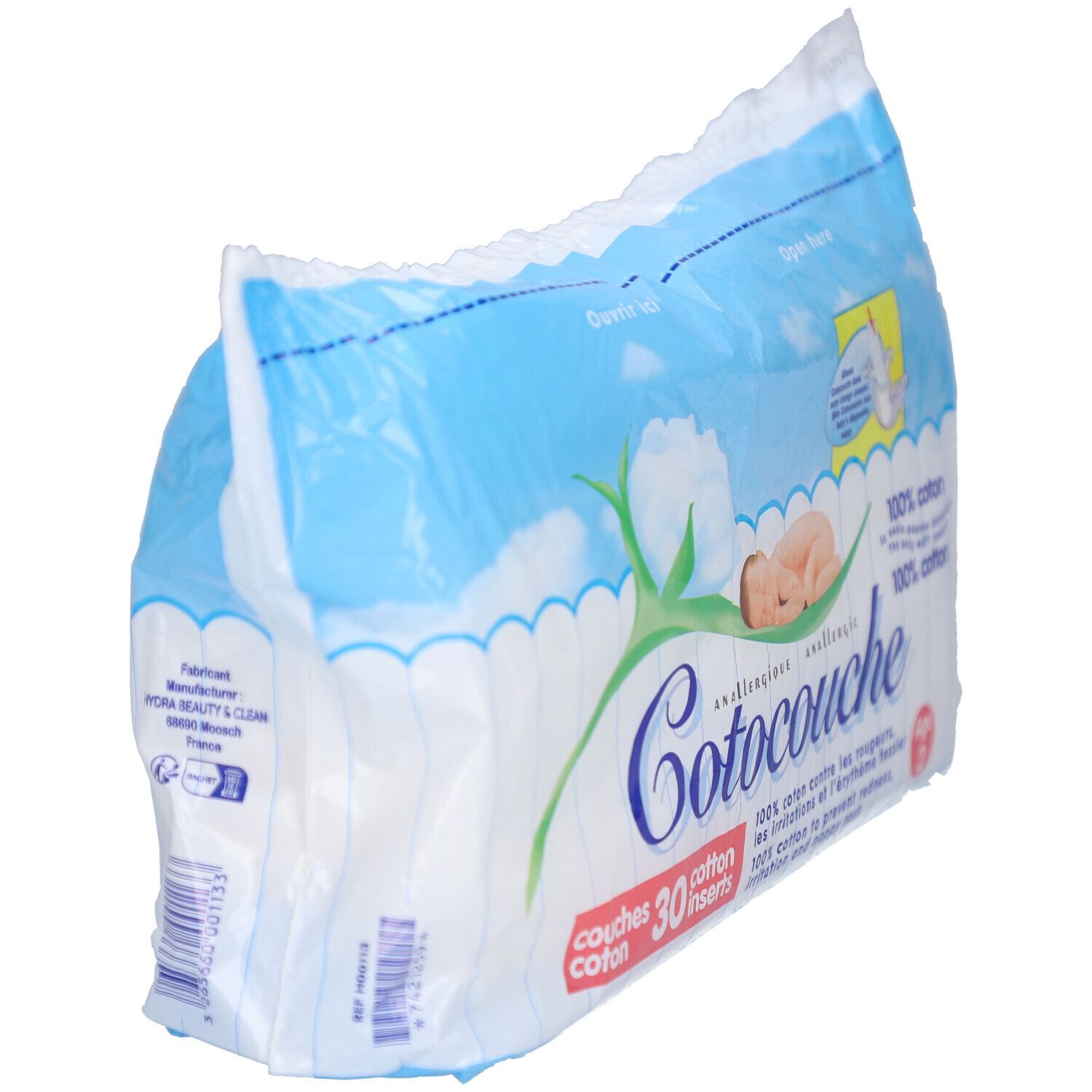 Paquet de Cotocouche Couches Coton Âge 2. 30 inserts, 100% coton. Emballage bleu et blanc, vue oblique de côté.