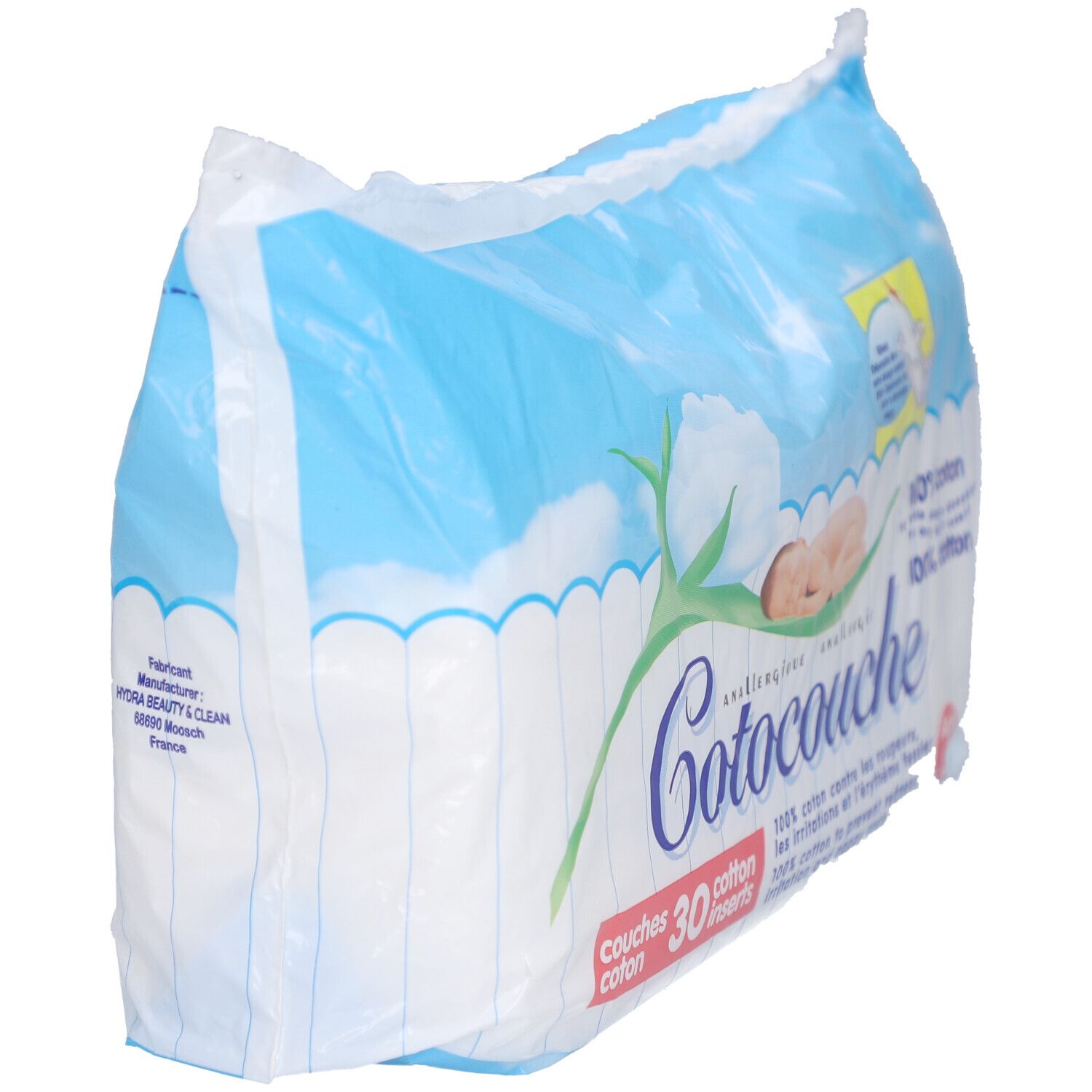 Paquet de Cotocouche Couches Coton Âge 2. 30 inserts, 100% coton. Emballage bleu et blanc, vue oblique de côté.