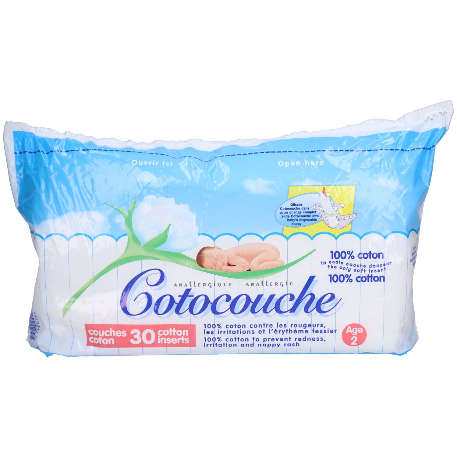 Paquet de Cotocouche Couches Coton Âge 2. 30 inserts, 100% coton. Âge 2. Emballage bleu et blanc avec illustration de bébé.