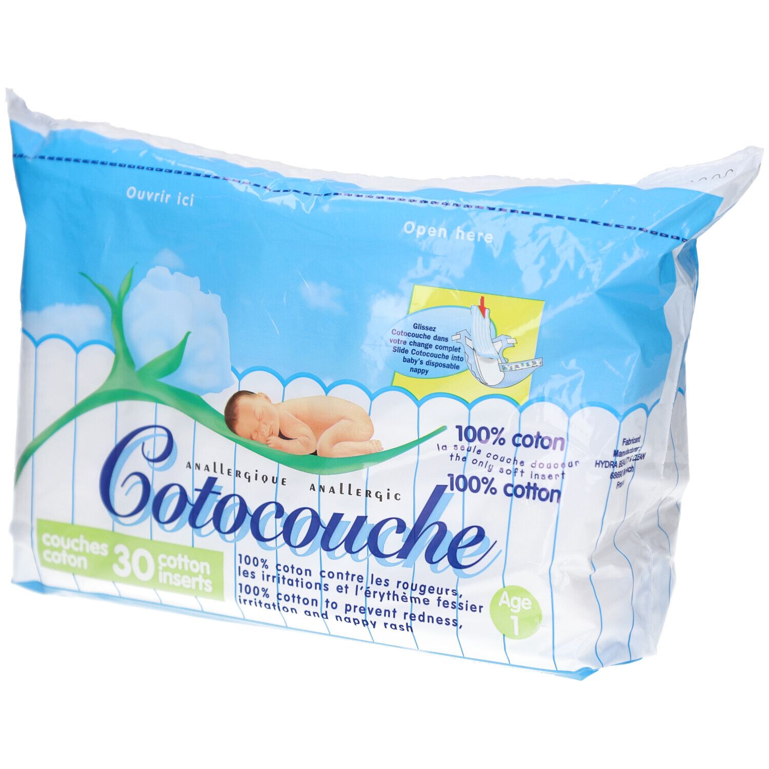 Verpackung mit Windeln. Aufschrift Cotocouche, 100% Baumwolle, 30 Einlagen. Baby-Illustration. Alter 1.