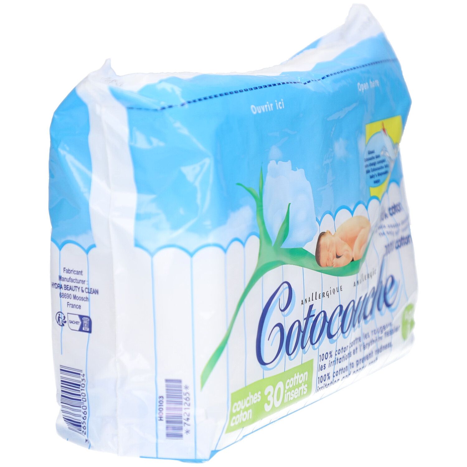 Schräg gestellte Verpackung mit Windeln. Aufschrift Cotocouche, 100% Baumwolle, 30 Einlagen. Baby-Illustration.