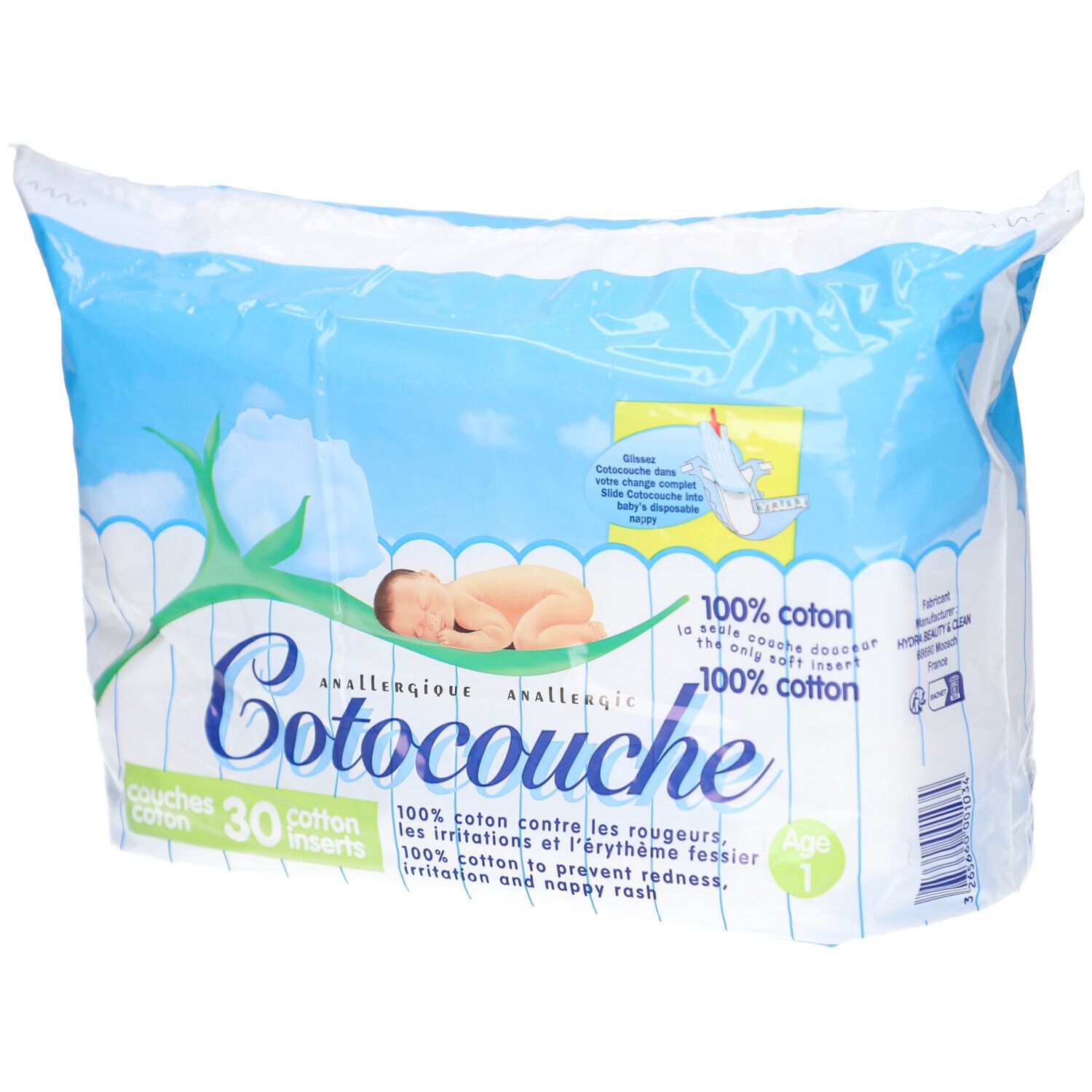 Verpackung mit Windeln. Aufschrift Cotocouche, 100% Baumwolle, 30 Einlagen. Baby-Illustration. Alter 1.