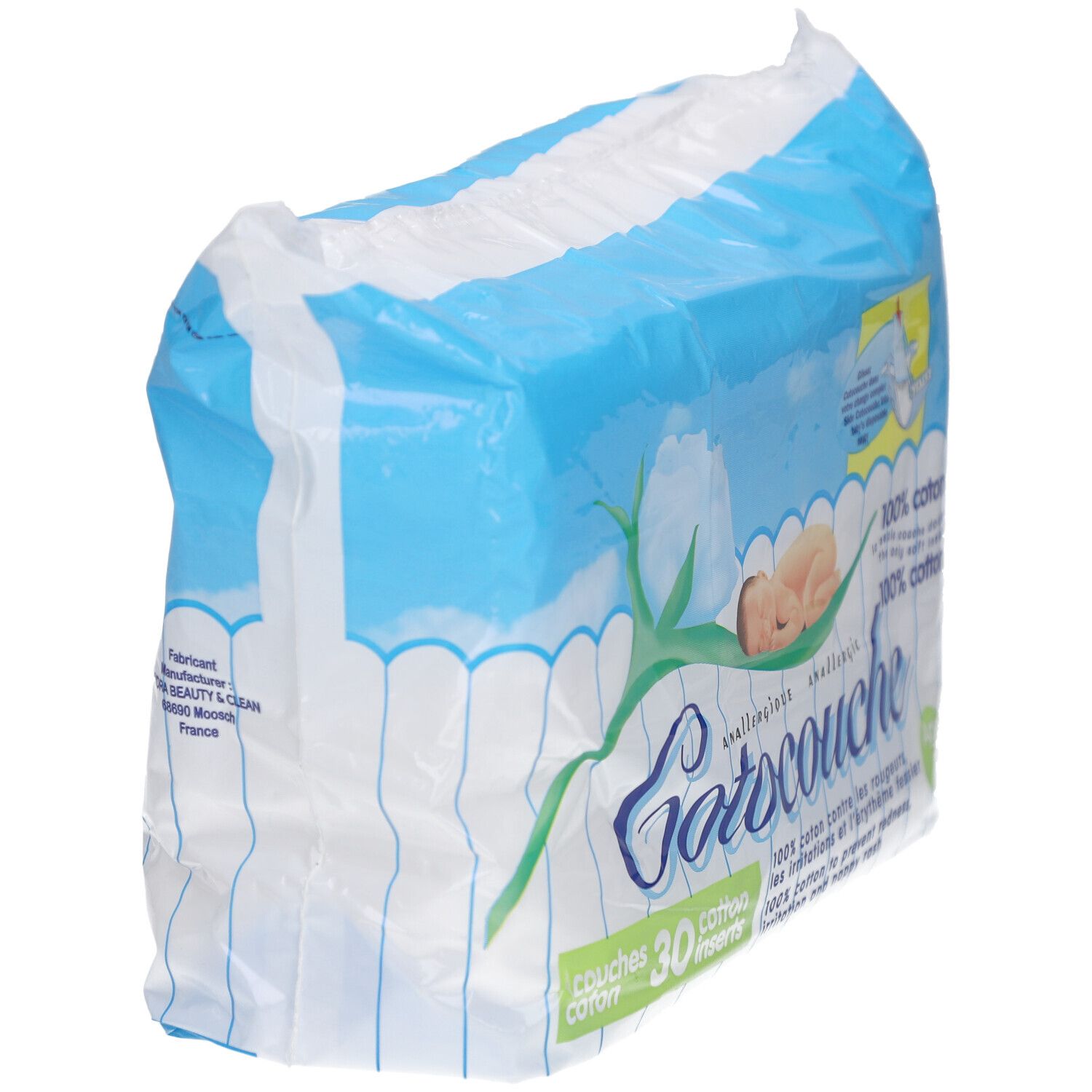 Schräg gestellte Verpackung mit Windeln. Aufschrift Cotocouche, 100% Baumwolle, 30 Einlagen. Baby-Illustration.