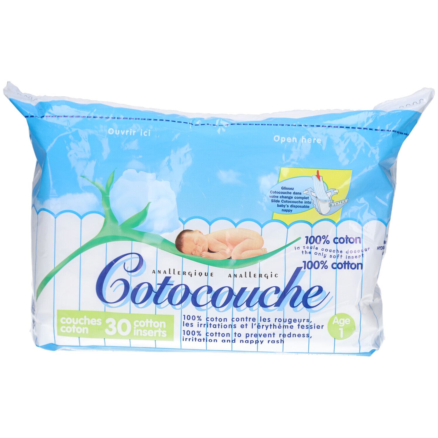 Verpackung mit Windeln. Aufschrift Cotocouche, 100% Baumwolle, 30 Einlagen. Baby-Illustration. Alter 1.