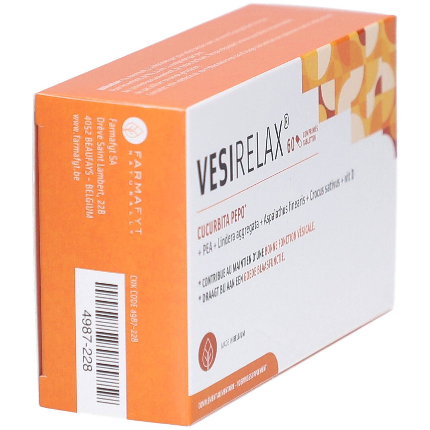 Schachtel Vesirelax. Aufschrift: Vesirelax, Cucurbita pepo. Enthält PEA, Lindera aggregata, Aspalathus linearis, Crocus sativus, vit D.