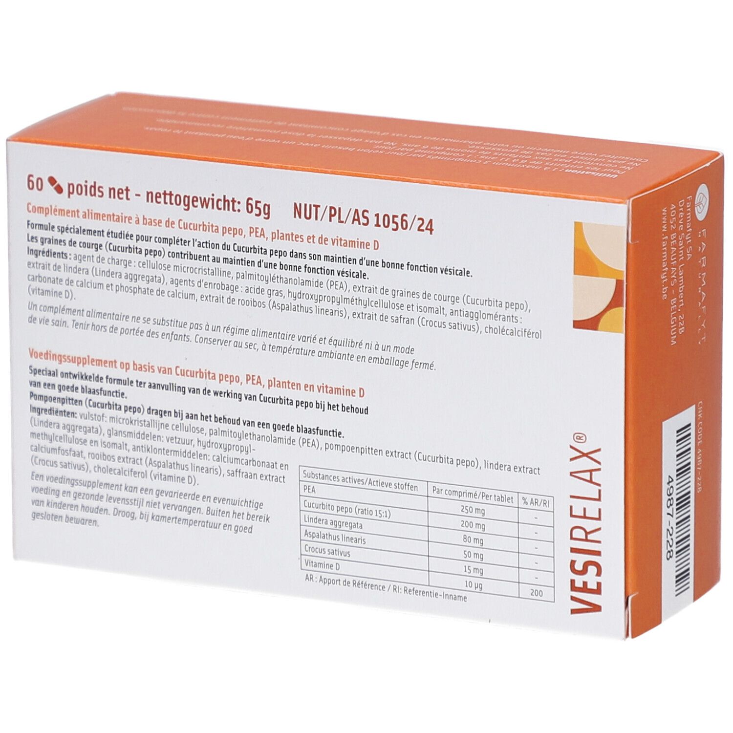 Rückseite der Vesirelax-Schachtel. Enthält Informationen zu Inhaltsstoffen und Nährwertangaben. 60 Tabletten, 65g.
