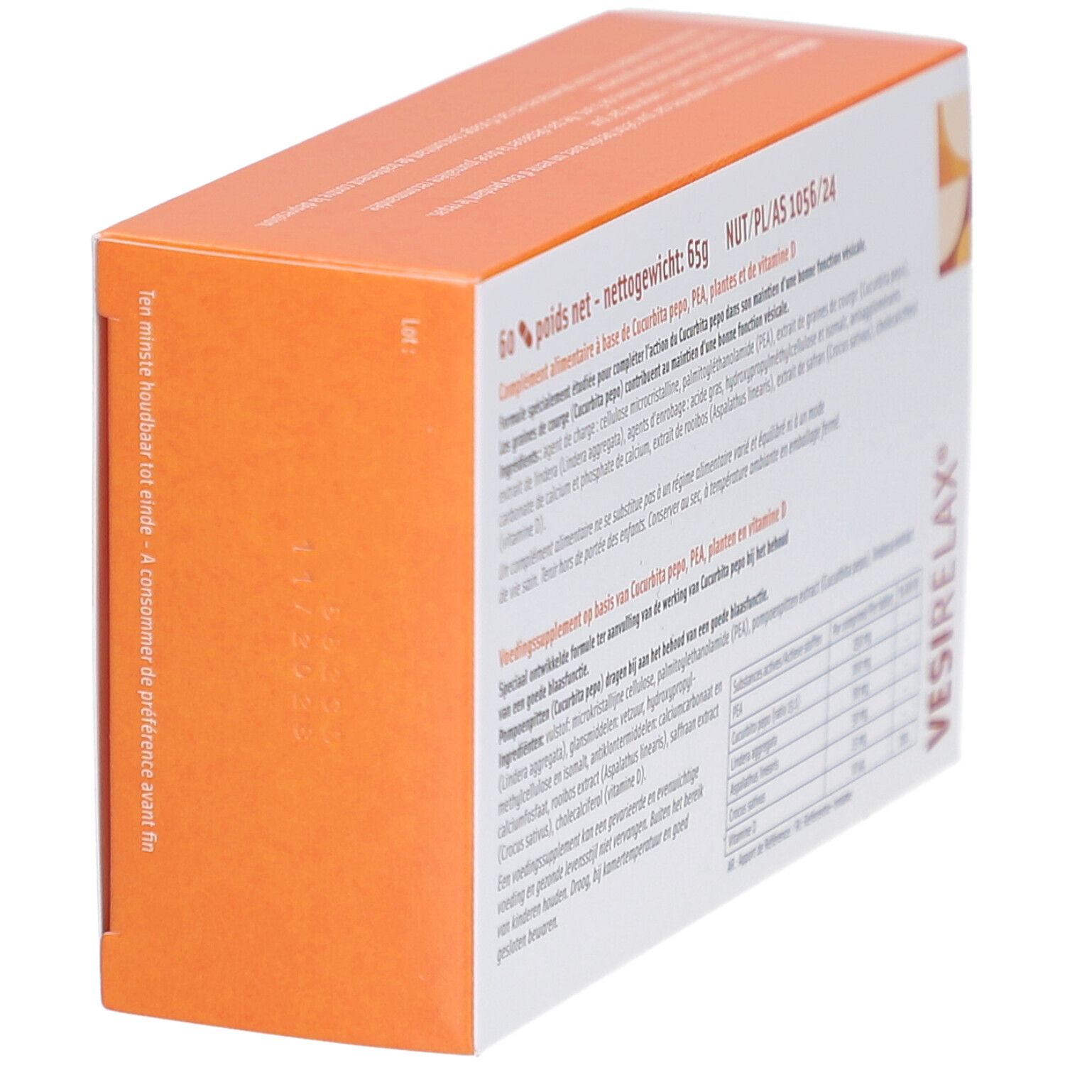 Rückseite der Vesirelax-Schachtel. Enthält Informationen zu Inhaltsstoffen und Nährwertangaben. 60 Tabletten, 65g.