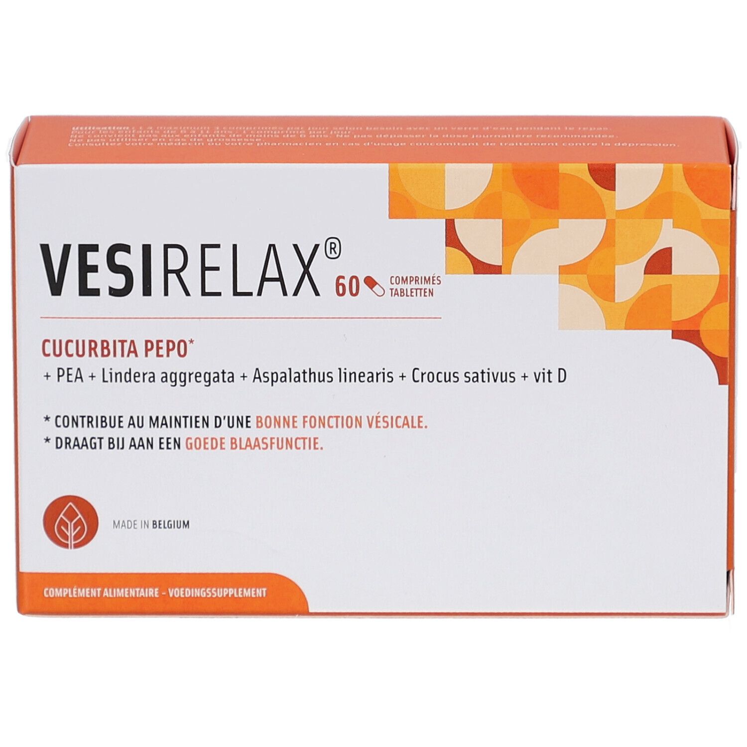 Vesirelax-Schachtel. Aufschrift: Cucurbita pepo, 60 Tabletten. Enthält PEA, Lindera aggregata, Aspalathus linearis, Crocus sativus, vit D.