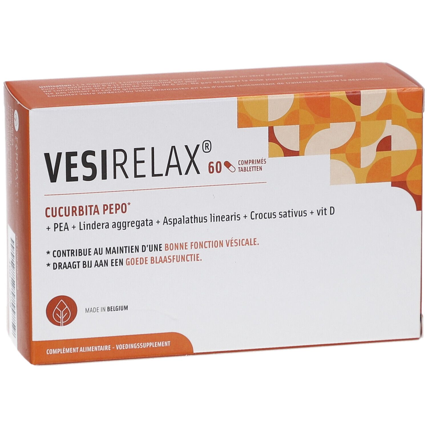 Vesirelax-Schachtel. Aufschrift: Cucurbita pepo, 60 Tabletten. Enthält PEA, Lindera aggregata, Aspalathus linearis, Crocus sativus, vit D.