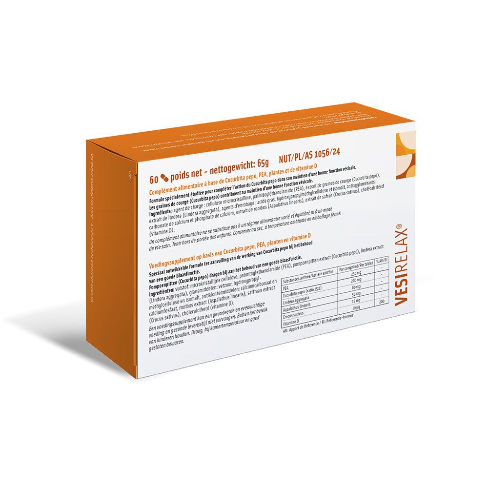 Dos de la boîte Vesirelax. Ingrédients, informations nutritionnelles. 60 comprimés, 65g.