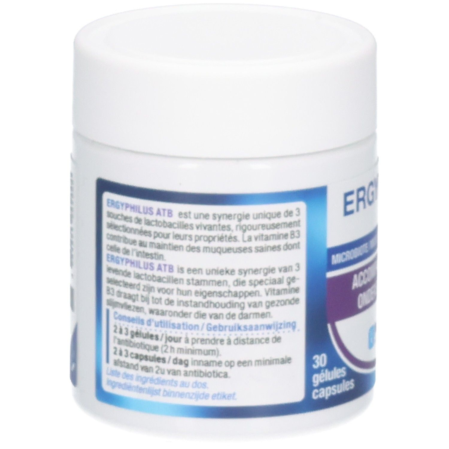 Rückseite des Ergyphilus ATB Behälters mit Produktinformationen und 30 Kapseln.