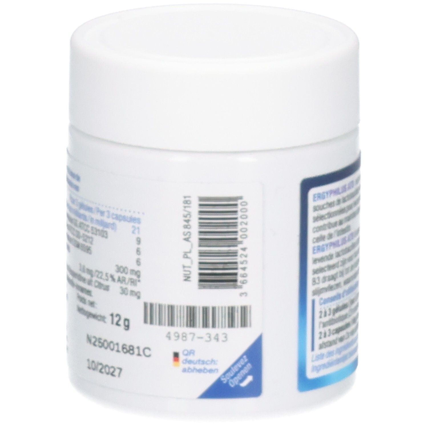 Seitenansicht des Ergyphilus ATB Behälters mit Barcode und Verfallsdatum.