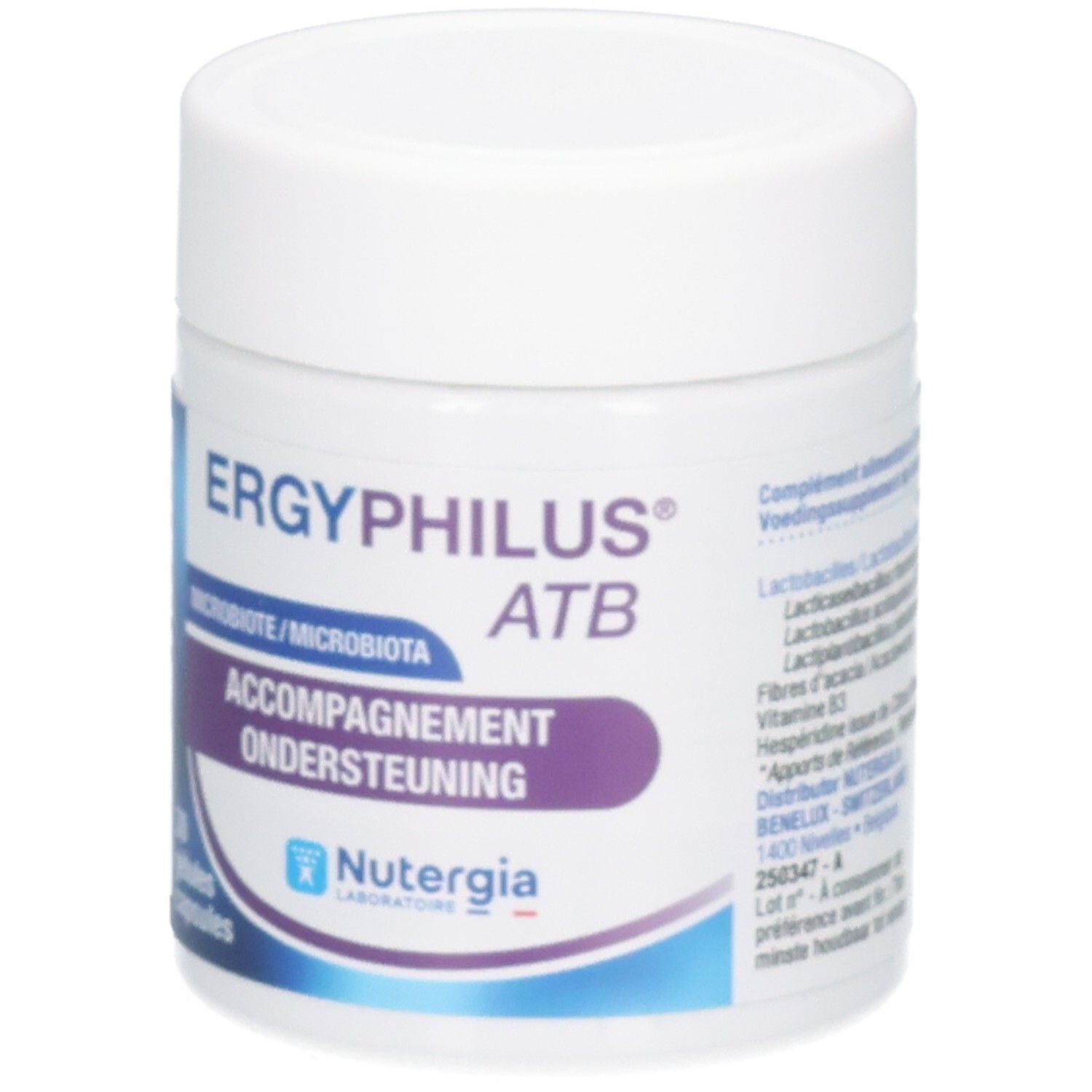 Ergyphilus ATB Behälter mit Etikett, das 'Accompagnement Ondersteuning' zeigt.