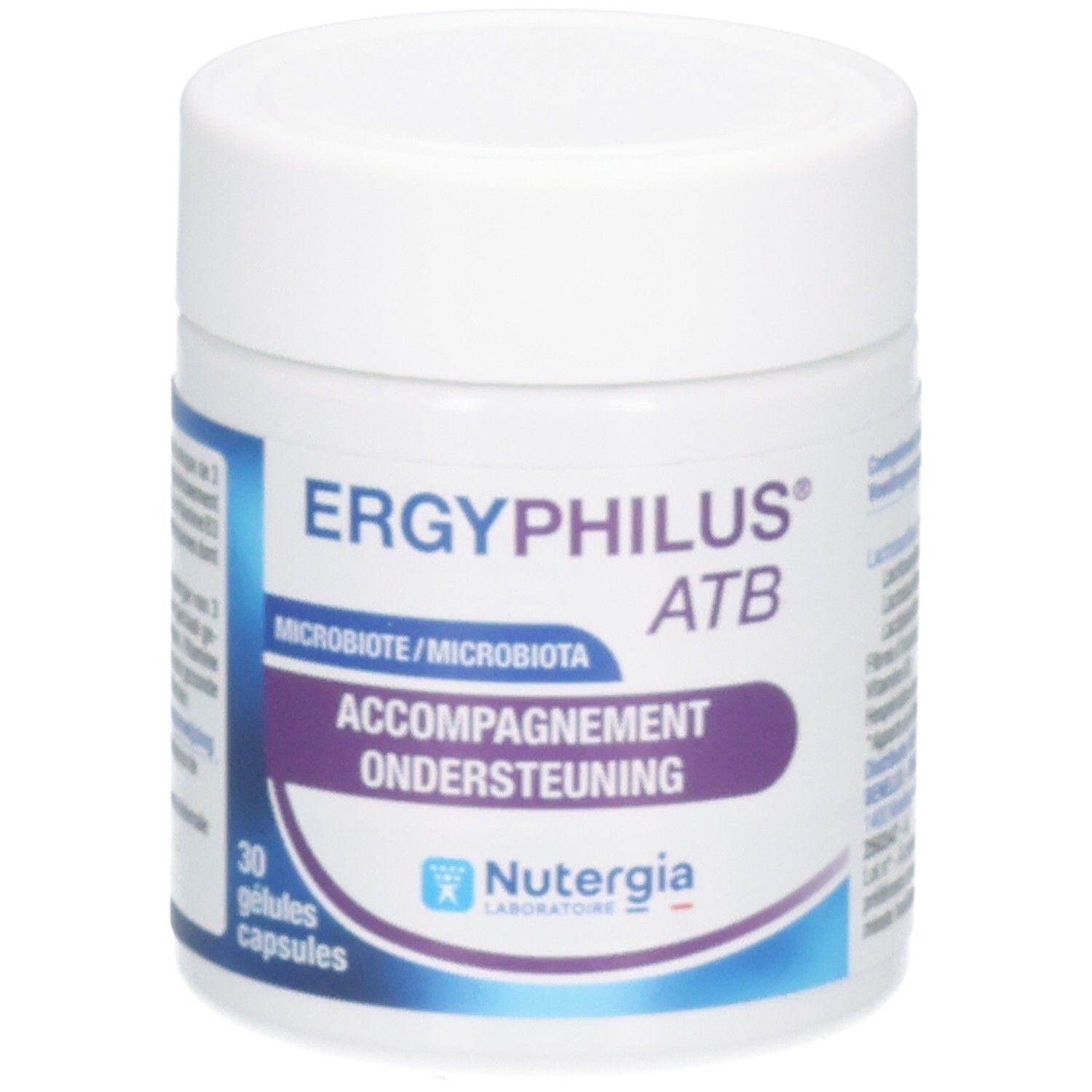 Ergyphilus ATB Kapseln: Weißer Behälter mit Nutergya Logo und 30 Kapseln.