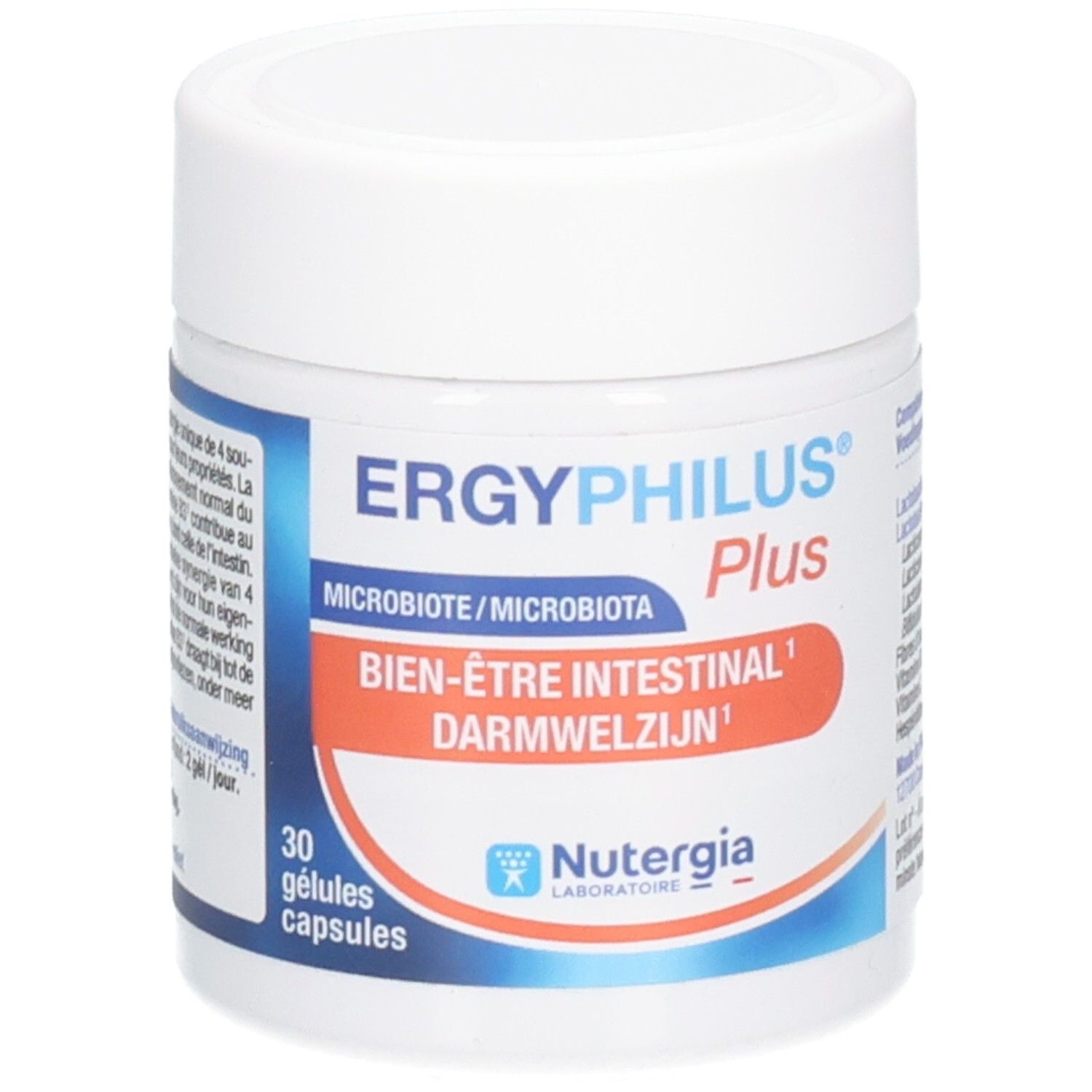 Weiße Dose mit Deckel. Aufschrift: ERGYPHILUS Plus, Bien-être intestinal, Darmwelzijn. 30 Gelules. Marke: Nutergia.