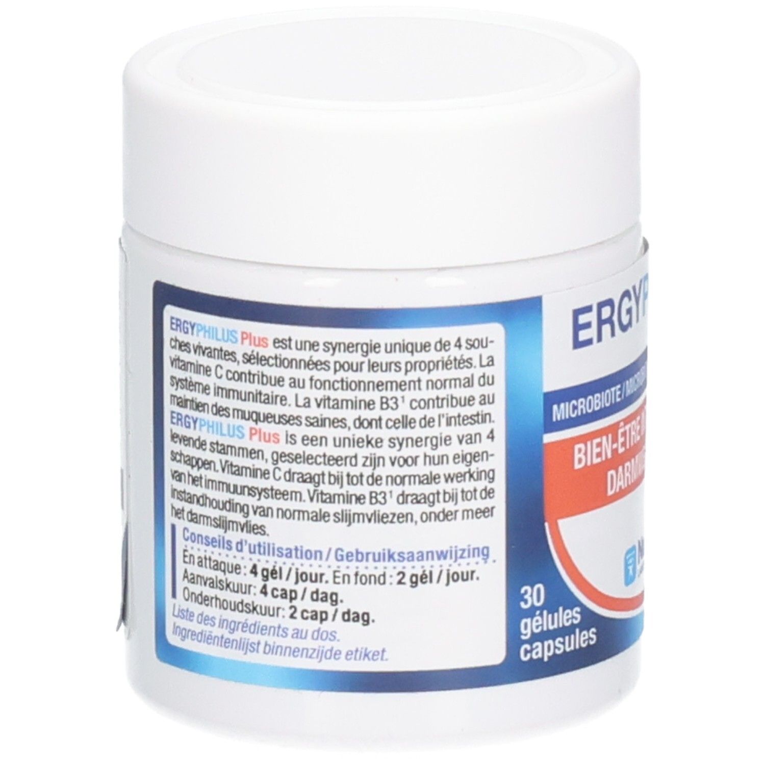 Weiße Dose mit Deckel. Aufschrift: ERGYPHILUS Plus, Bien-être intestinal, Darmwelzijn. 30 Gelules. Marke: Nutergia. Rückseite mit Text.