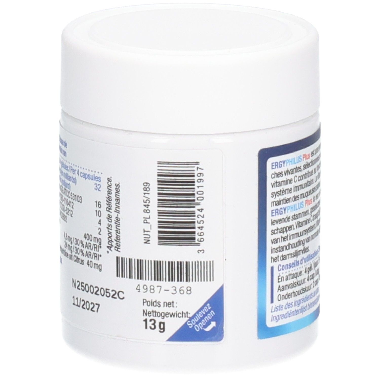 Weiße Dose mit Deckel. Aufschrift: ERGYPHILUS Plus. Rückseite mit Text und Nährwertangaben. Nettogewicht: 13g.