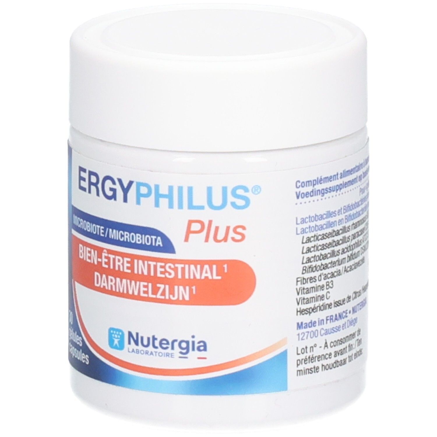 Weiße Dose mit Deckel. Aufschrift: ERGYPHILUS Plus, Bien-être intestinal, Darmwelzijn. 30 Gelules. Marke: Nutergia. Zutatenliste.