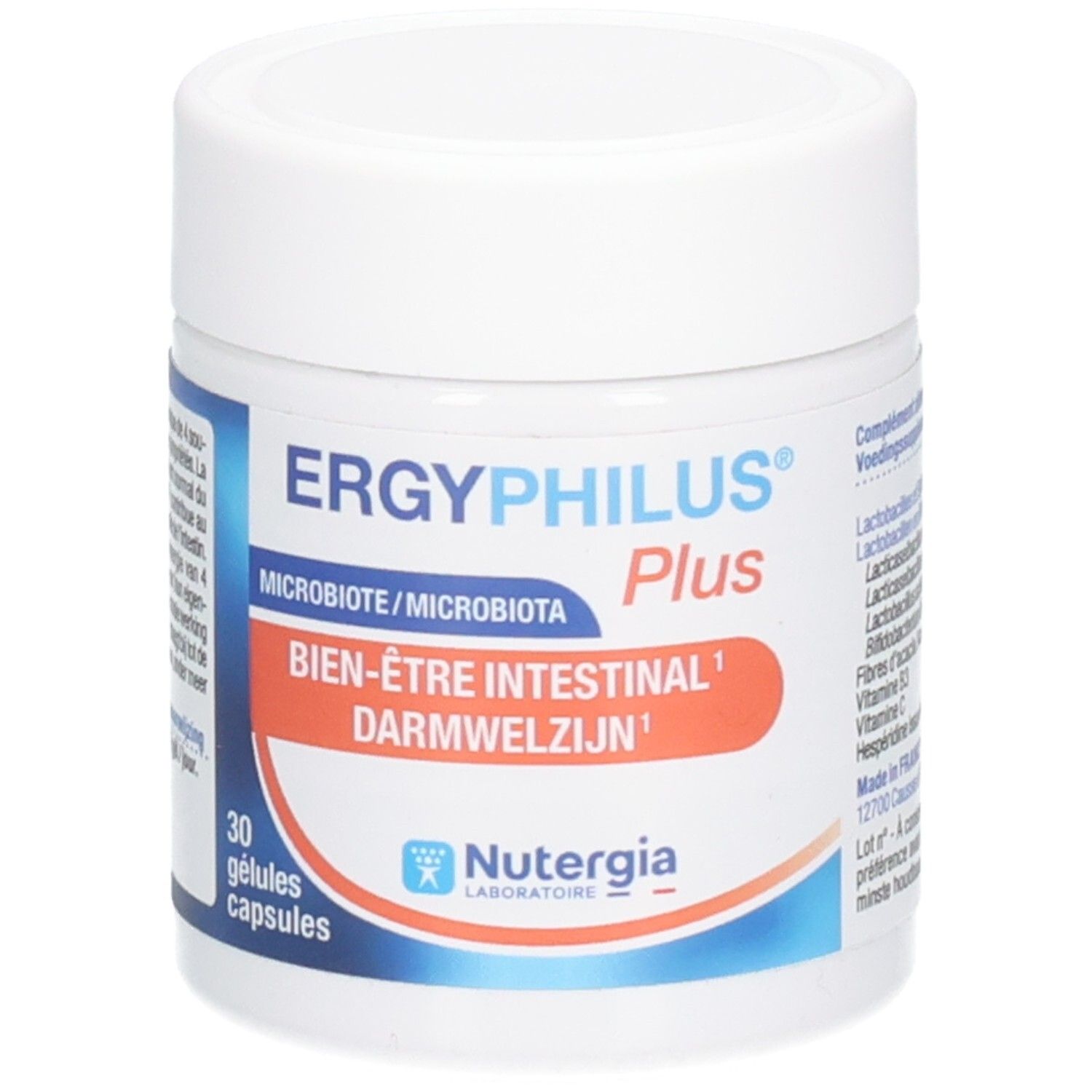 Weiße Dose mit Deckel. Aufschrift: ERGYPHILUS Plus, Bien-être intestinal, Darmwelzijn. 30 Gelules. Marke: Nutergia.
