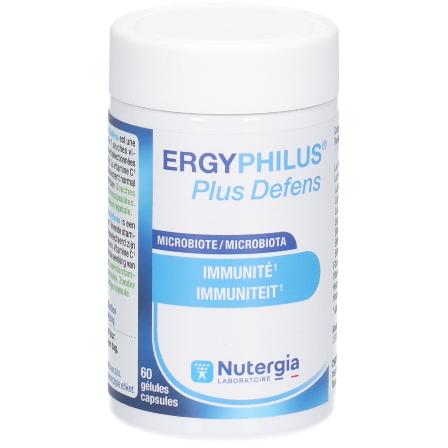 Weiße Dose mit blauem Etikett. Aufschrift: ERGYPHILUS Plus Defens, 60 Kapseln. Marke: Nutergia Laboratoire.
