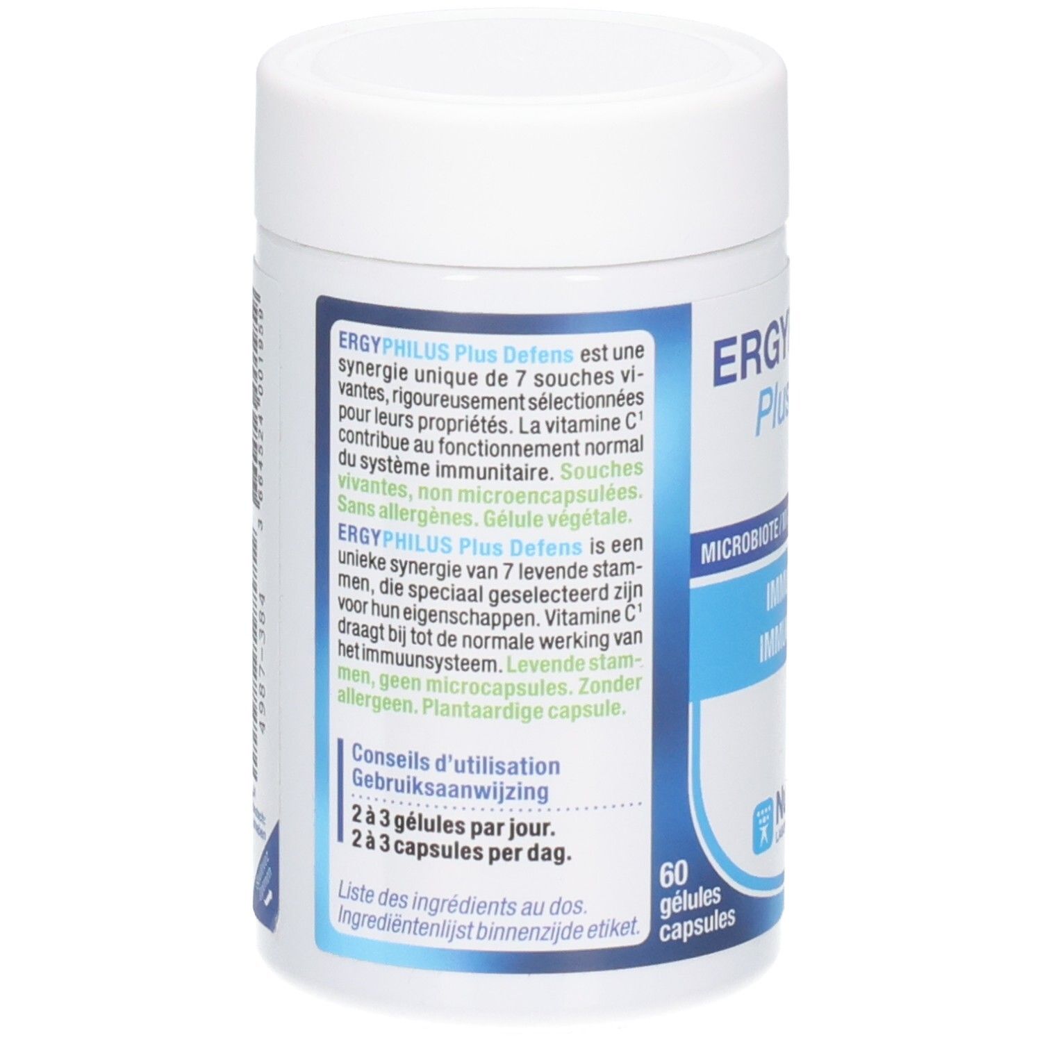 Rückseite der weißen Dose. Text: ERGYPHILUS Plus Defens, 60 Kapseln. Enthält Informationen zur Anwendung und Inhaltsstoffe.