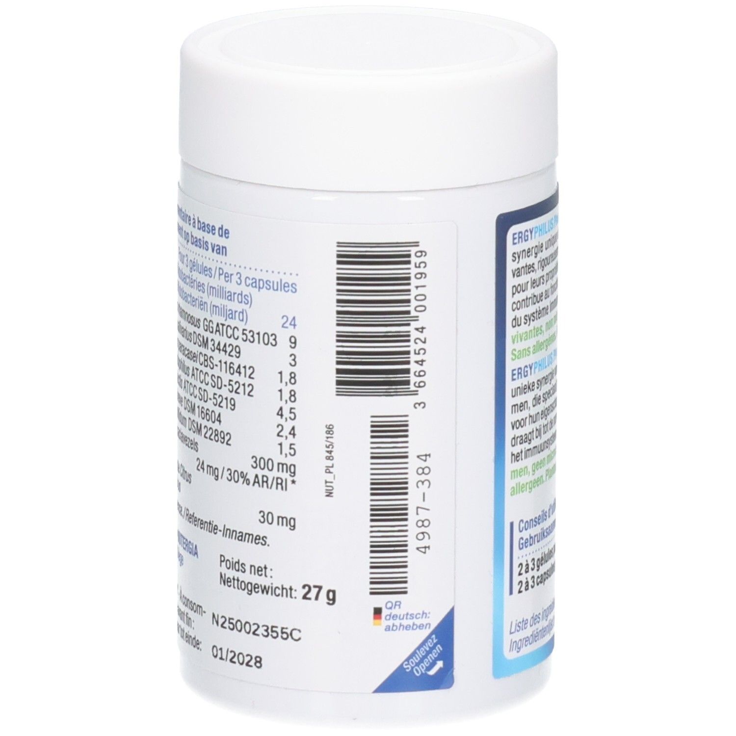 Weiße Dose, Detailansicht. Barcode und Informationen zu Inhaltsstoffen und Nährwerten. Nettogewicht: 27 g.