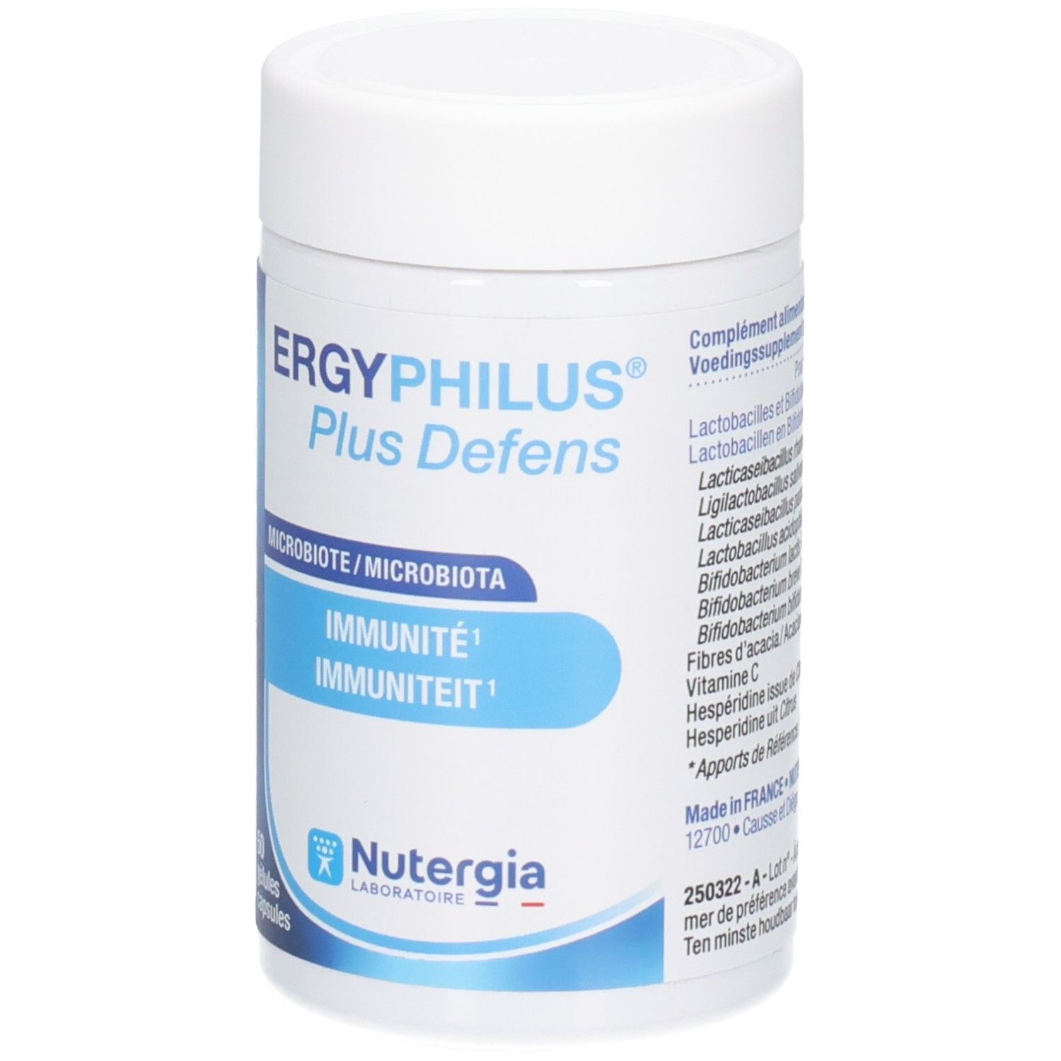 Weiße Dose mit blauem Etikett. Aufschrift: ERGYPHILUS Plus Defens. Marke: Nutergia Laboratoire. Enthält 60 Kapseln.