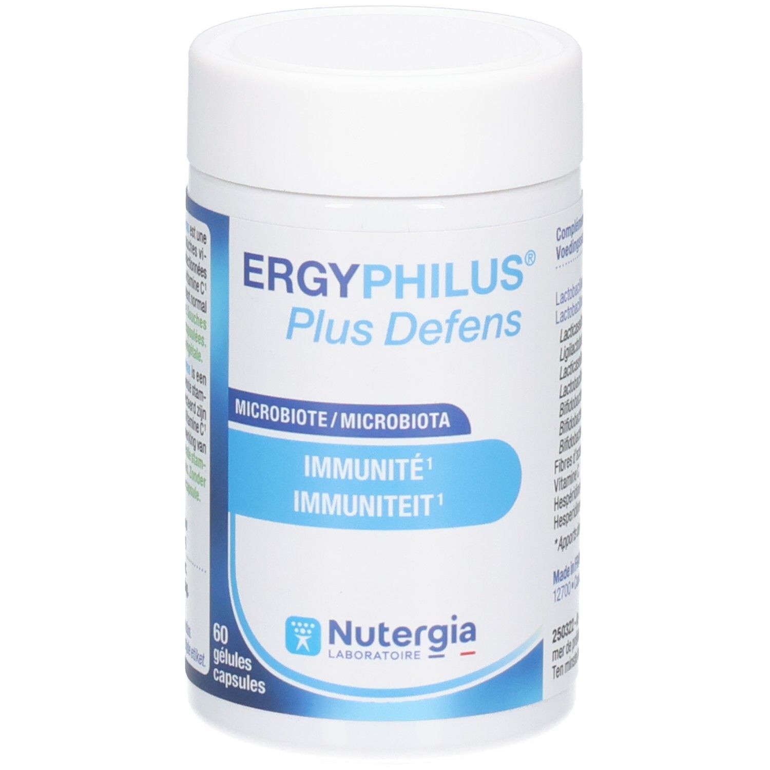 Weiße Dose mit blauem Etikett. Aufschrift: ERGYPHILUS Plus Defens, 60 Kapseln. Marke: Nutergia Laboratoire.