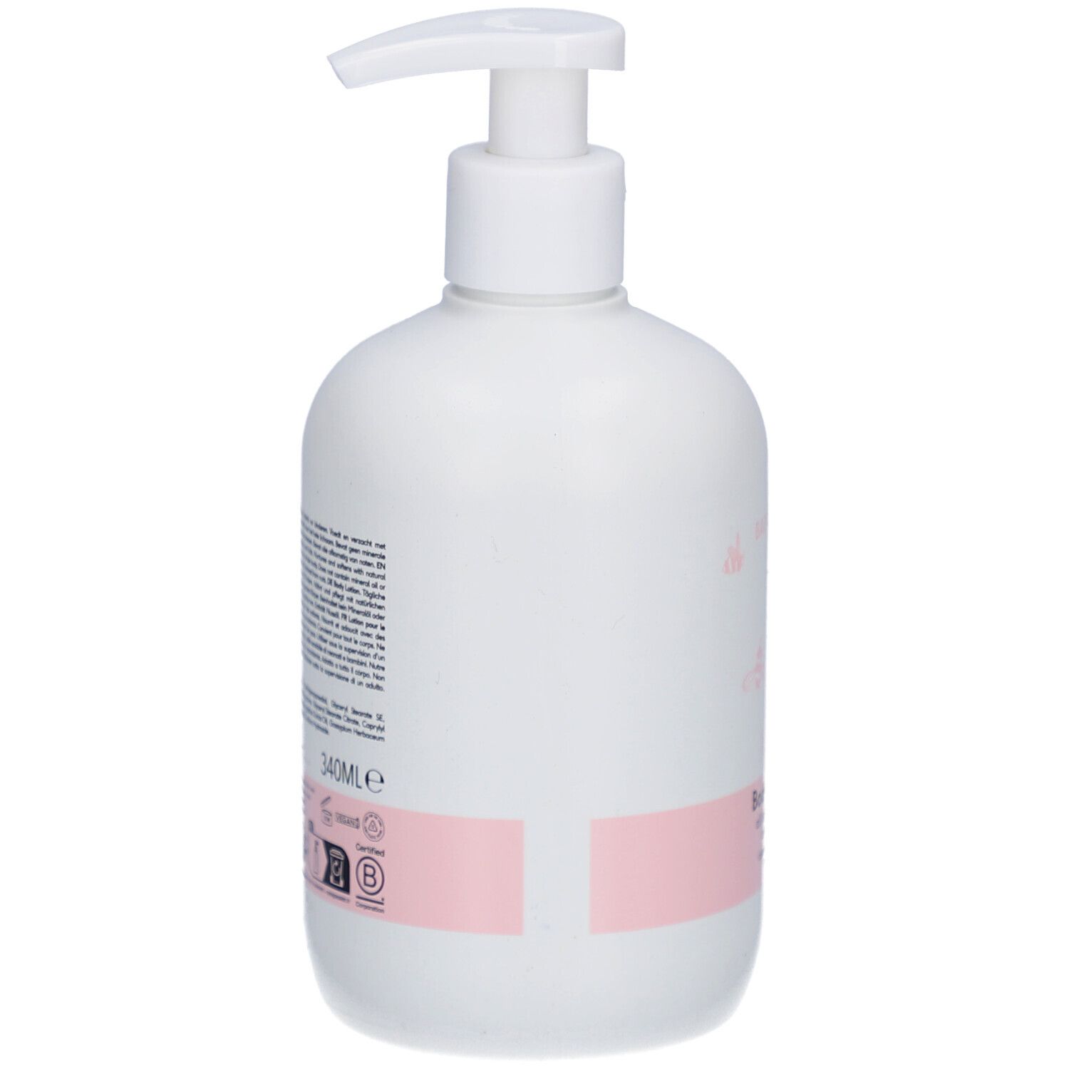 Weiße Flasche mit Spender. Rückseite mit Text und rosa Etikett. 340ml.