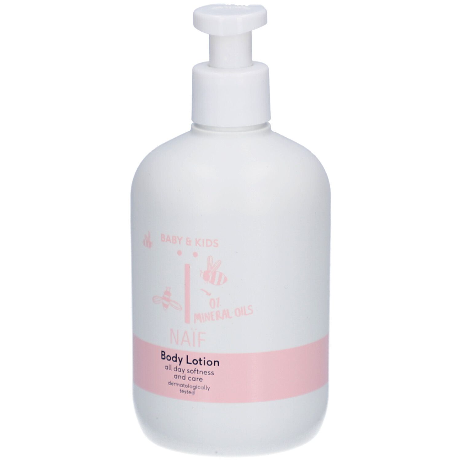Weiße Flasche mit Spender. Aufschrift: Naïf Body Lotion, Baby & Kids. Rosa Etikett.