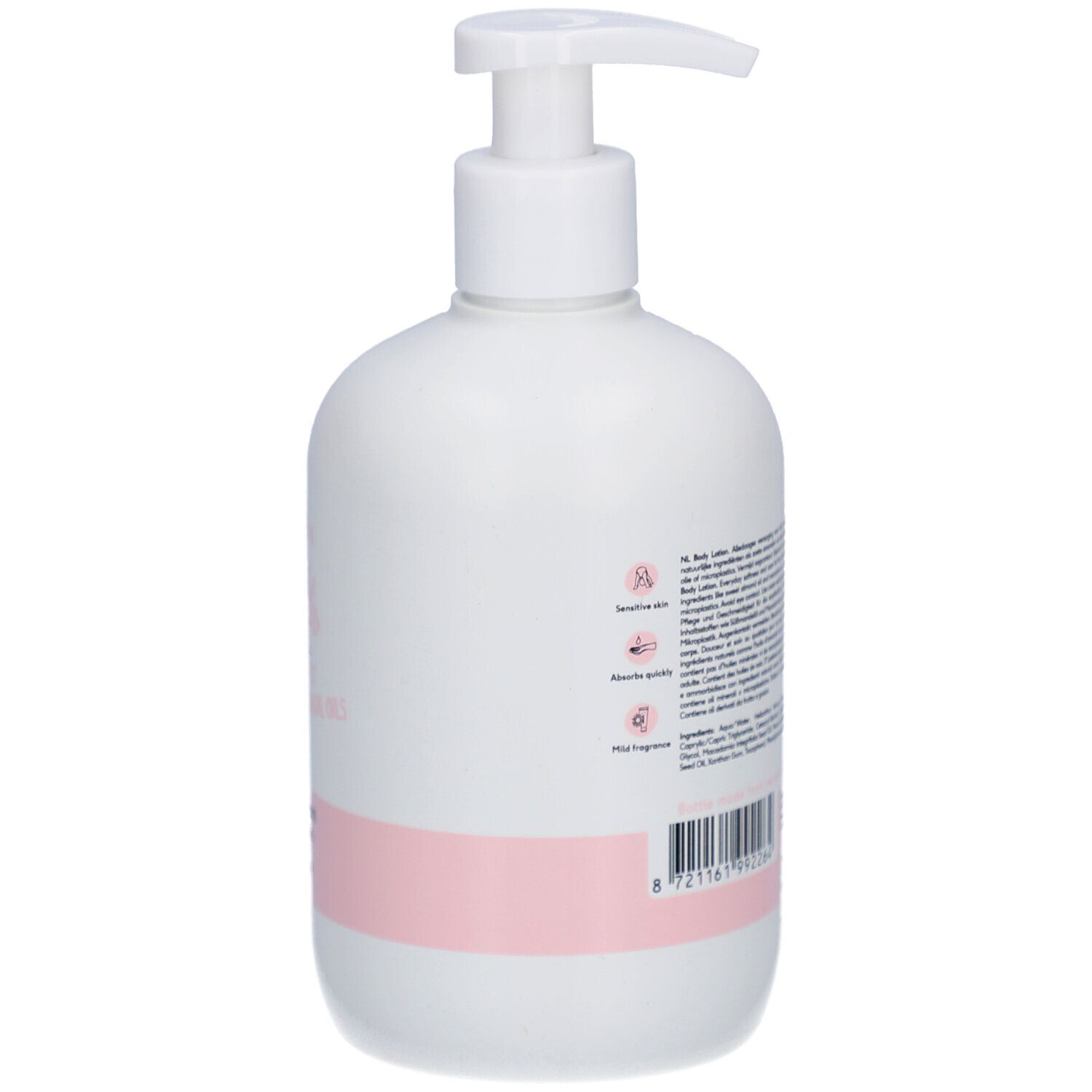 Weiße Flasche mit Spender. Rückseite mit Text und rosa Etikett.