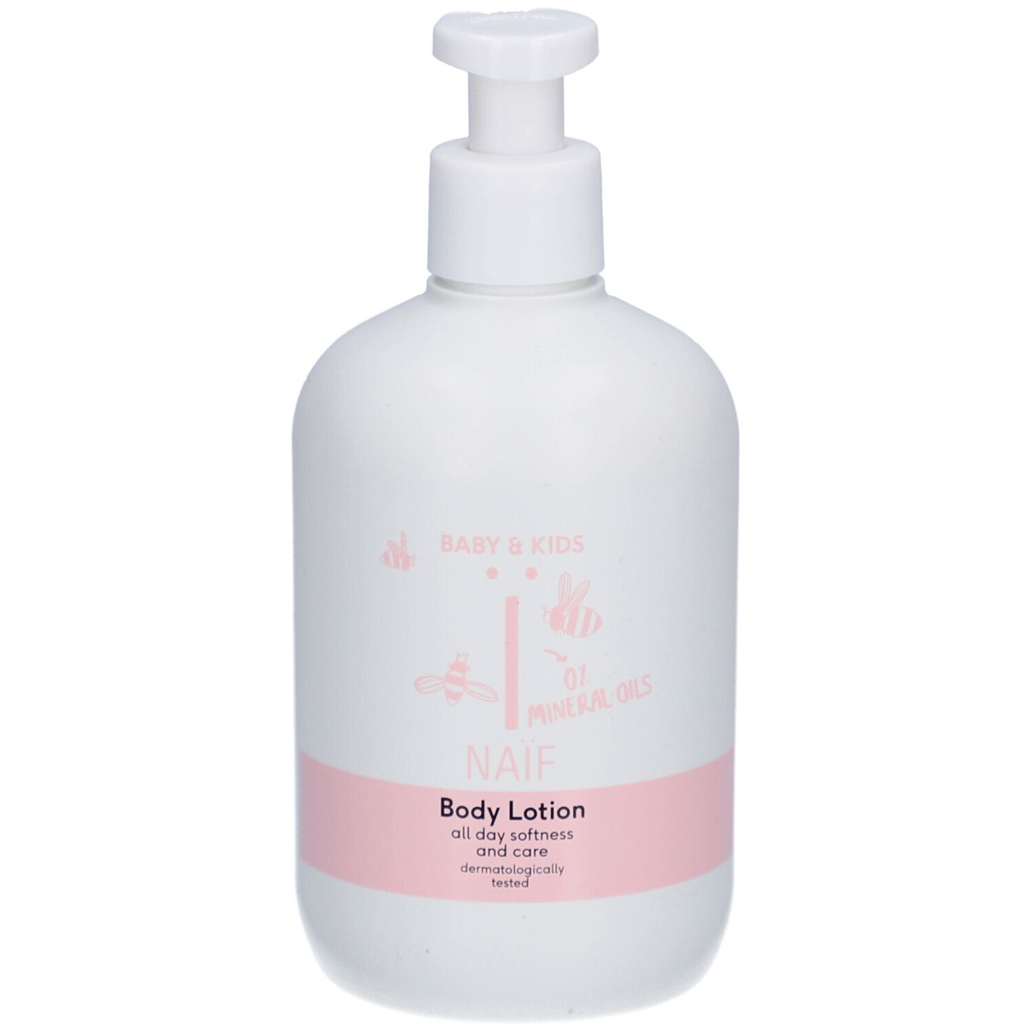Weiße Flasche mit Spender. Aufschrift: Naïf Body Lotion, Baby & Kids. Rosa Etikett.