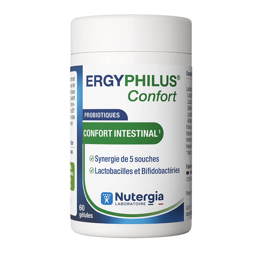 Flacon blanc avec accents bleu-vert. Inscription: Ergyphilus Confort, Confort intestinal. Marque: Nutergia Laboratoire. 60 gélules.