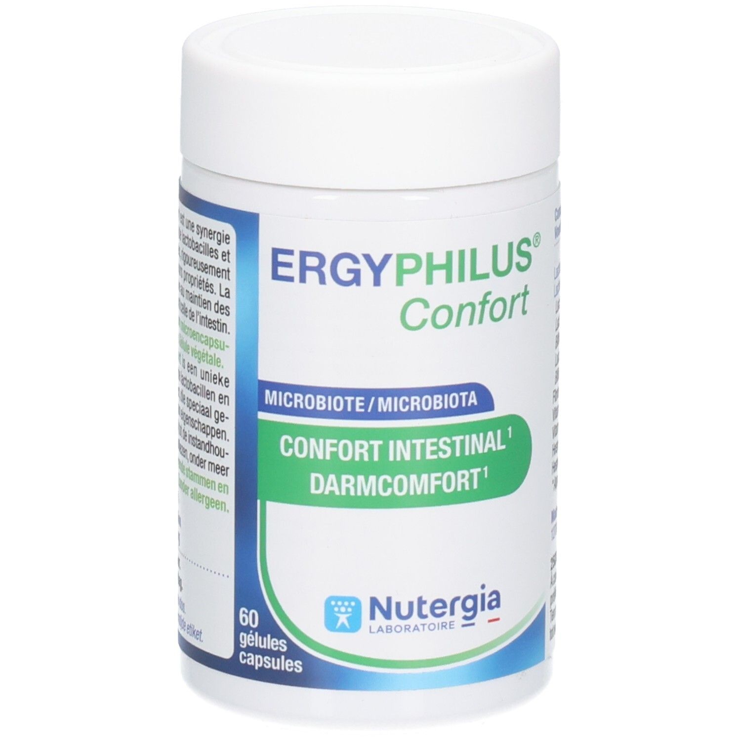 Weiße Dose mit grün-blauen Akzenten. Aufschrift: Ergyphilus Confort, Darmkomfort. Marke: Nutergia Laboratoire. 60 Kapseln.