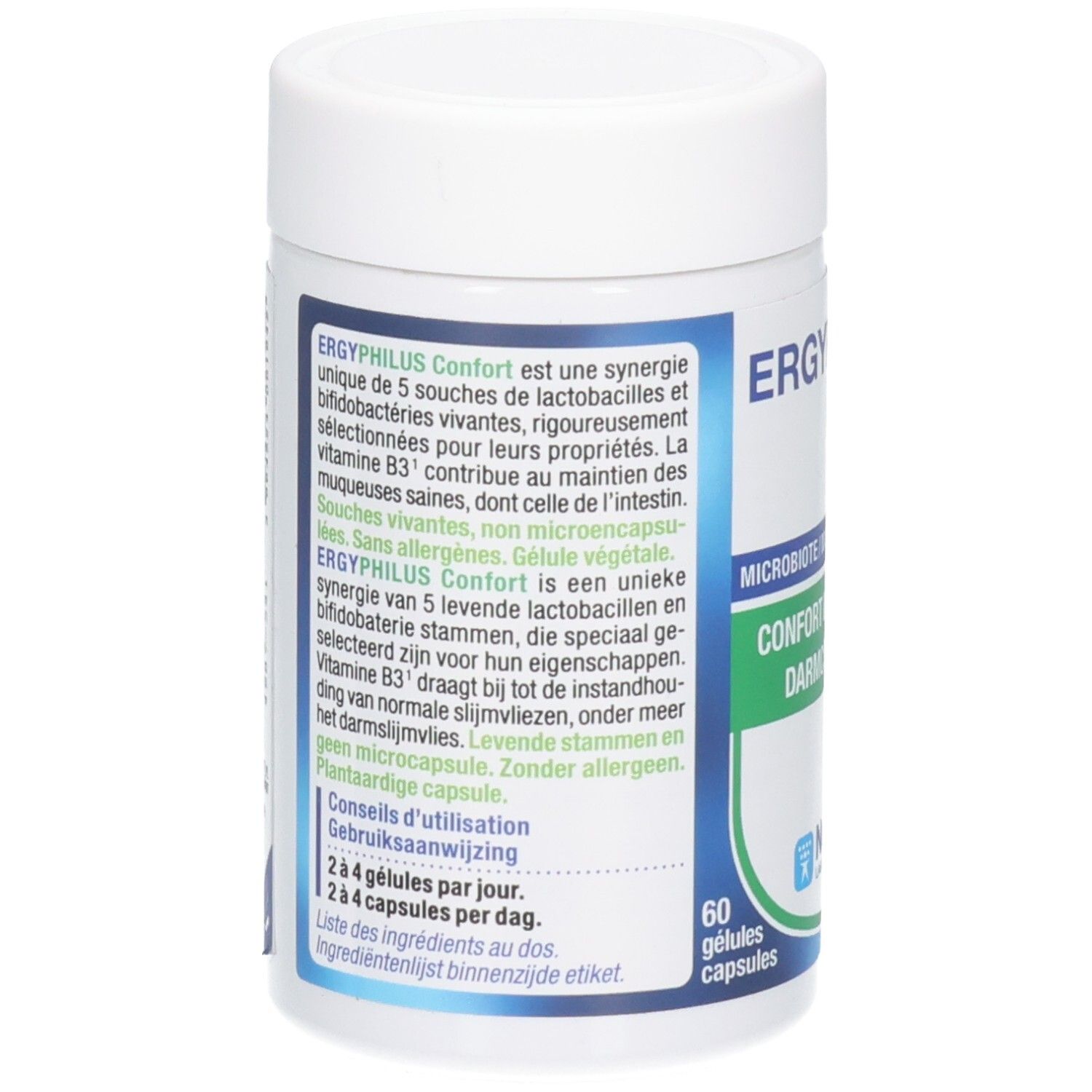 Rückseite der weißen Dose. Text über die Zusammensetzung und Vorteile. 60 Kapseln. Marke: Nutergia Laboratoire.